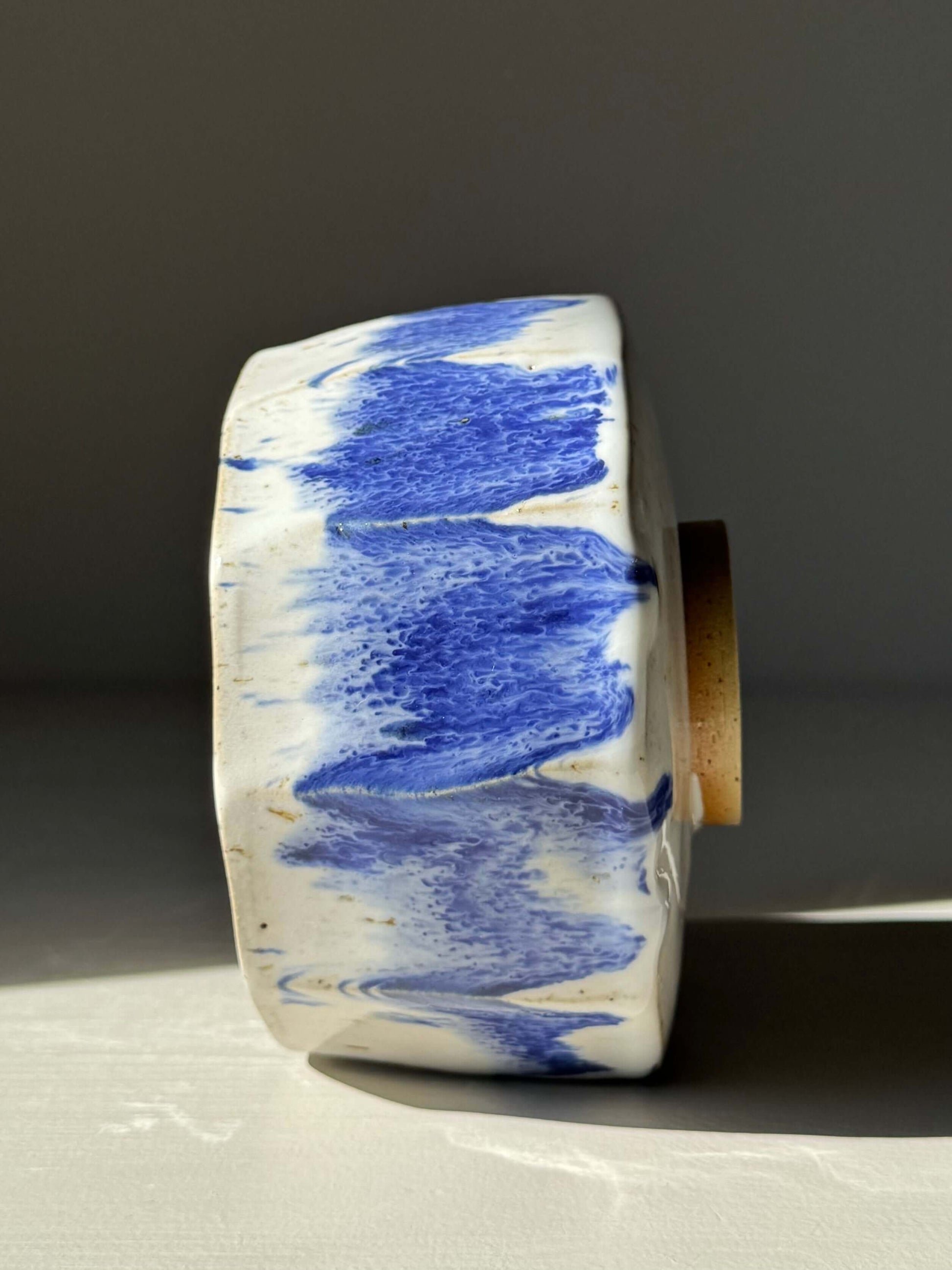 Faceted Matcha Bowl – Cobalt Blue & Glossy White Glaze #01, handmade ceramic with unique textured design and cobalt blue accents