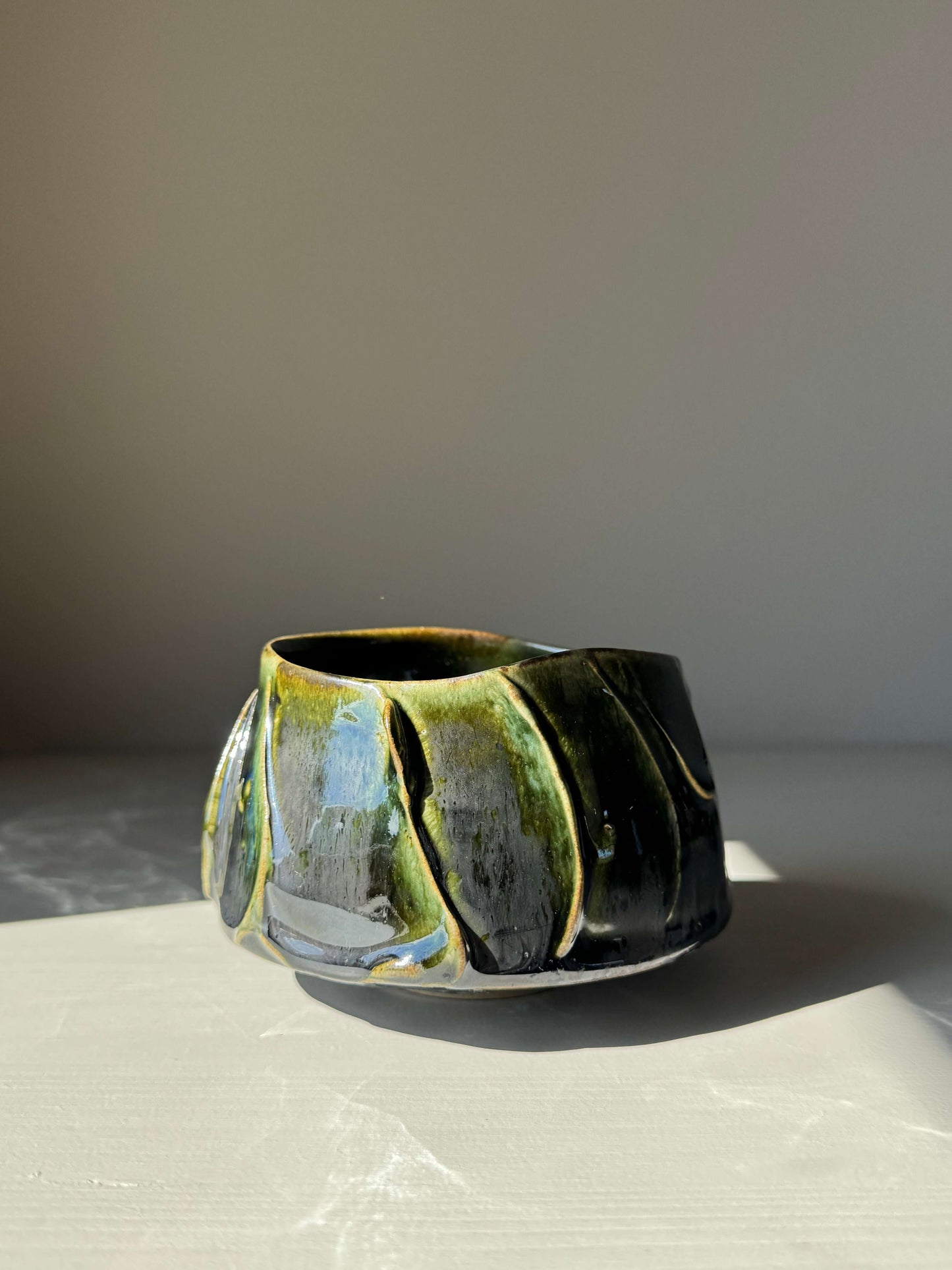 Textured Matcha Bowl - Hinoki Series #01 handmade ceramic with green glaze and unique texture, inspired by Hinoki tree hues.