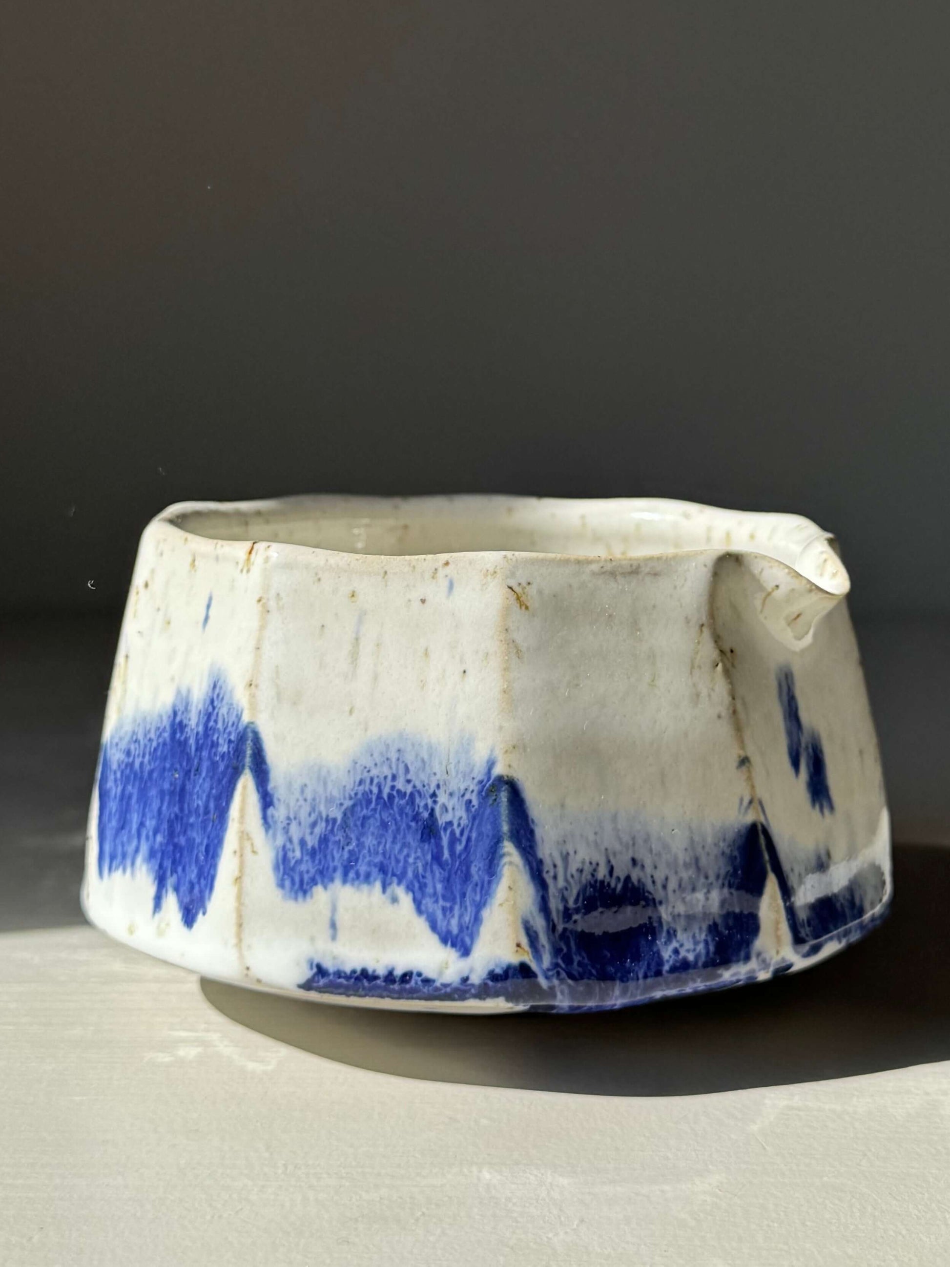 Handmade ceramic Faceted Matcha Bowl with Spout – Cobalt Blue & Glossy White Glaze #02 featuring a unique faceted design