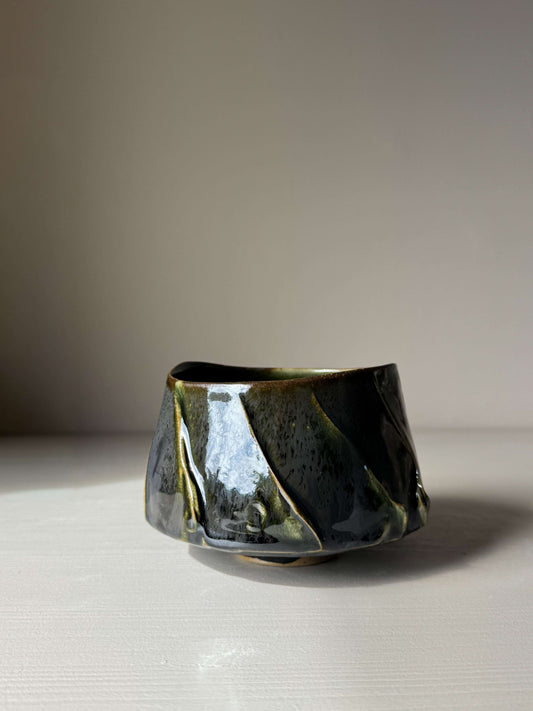 Textured Matcha Bowl - Hinoki Series #08, handmade ceramic with green glaze, inspired by the peaceful hues of the Hinoki tree.