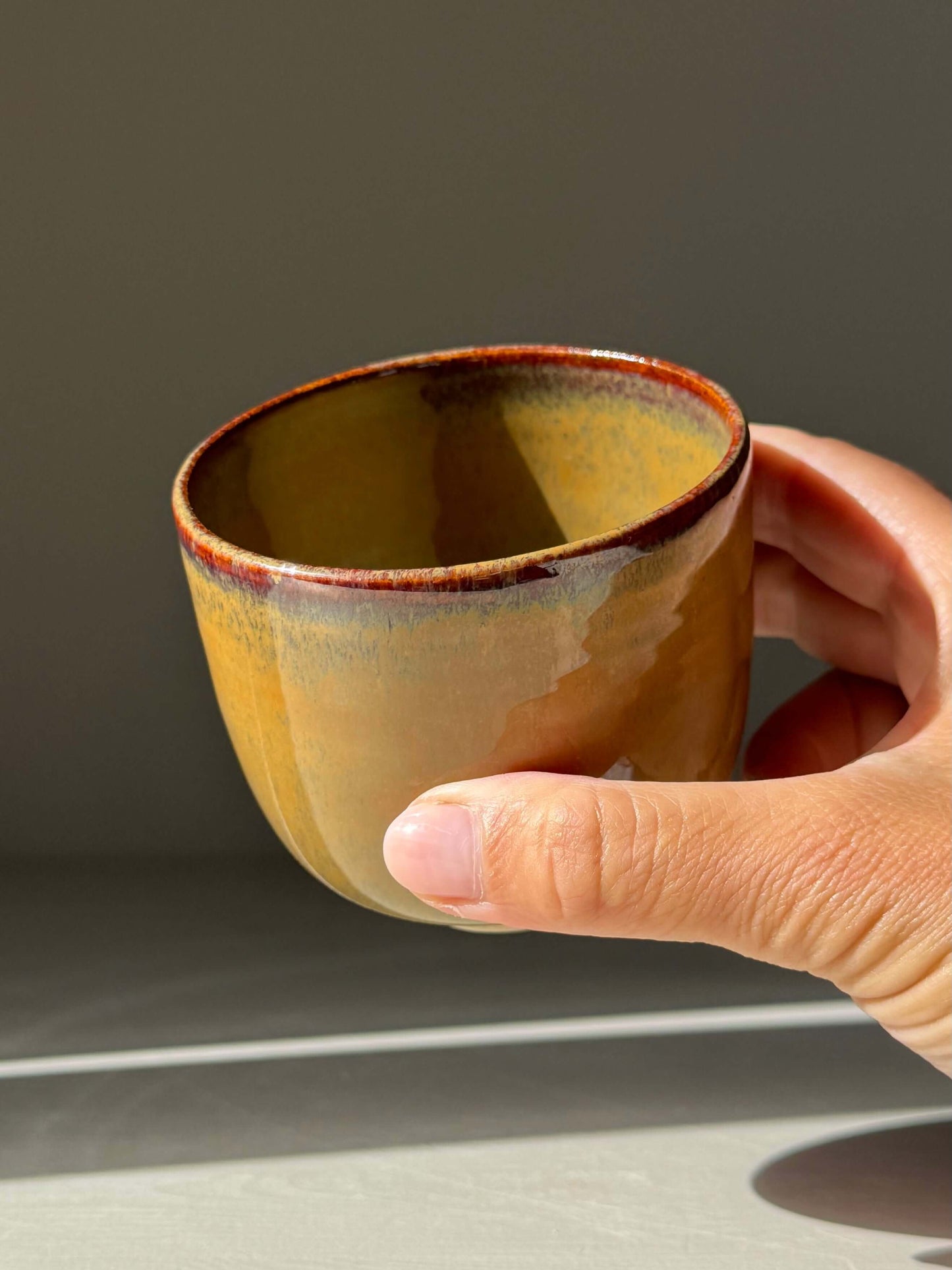 Hand holding handmade Yunomi Cups - Tenmoku Glaze with amber, rust, and honey tones in natural light.