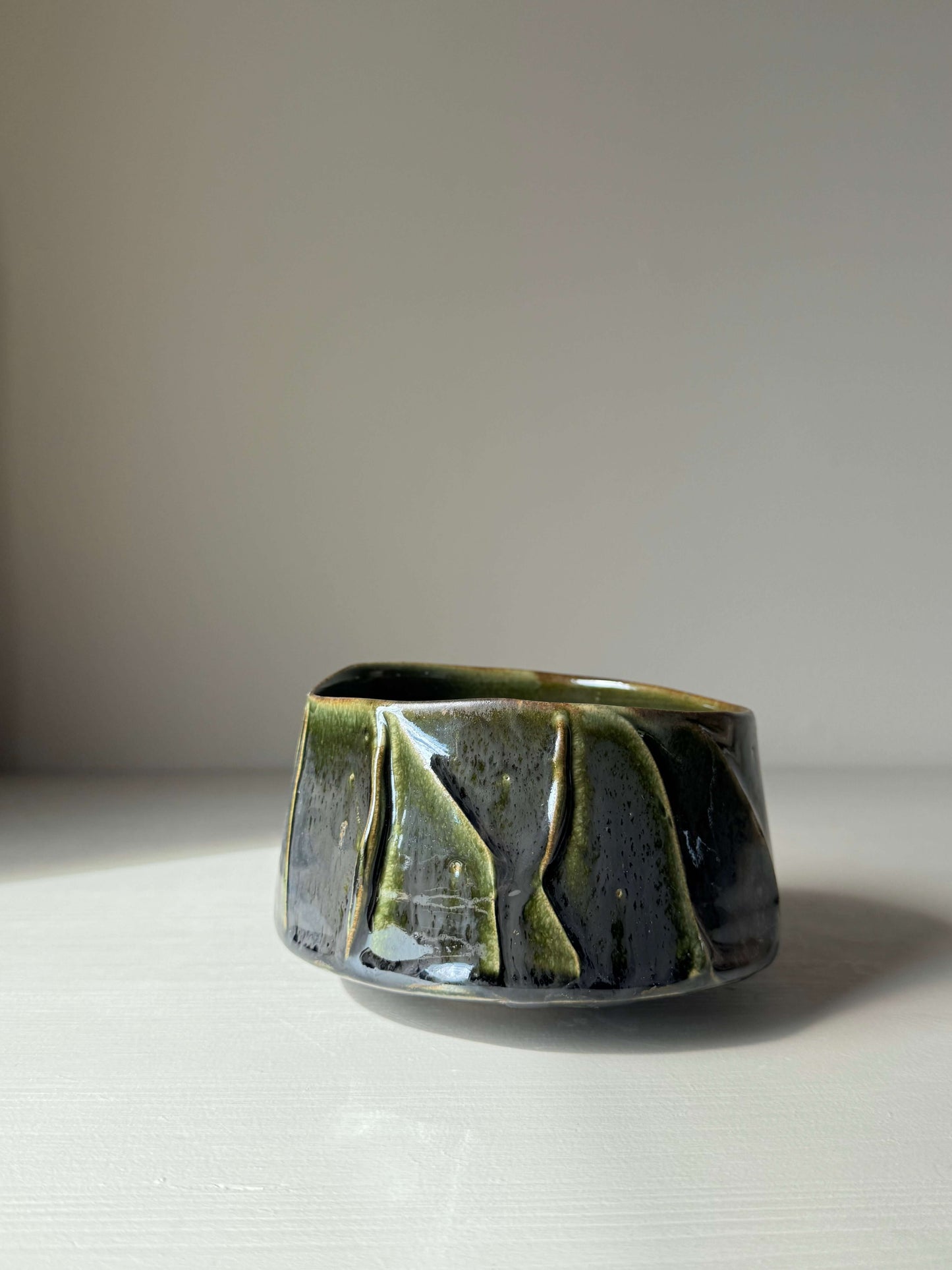 Textured Matcha Bowl - Hinoki Series #10, handmade ceramic with green glaze and unique texture.