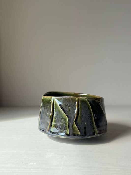 Textured Matcha Bowl - Hinoki Series #10, handmade ceramic with green glaze and unique texture.