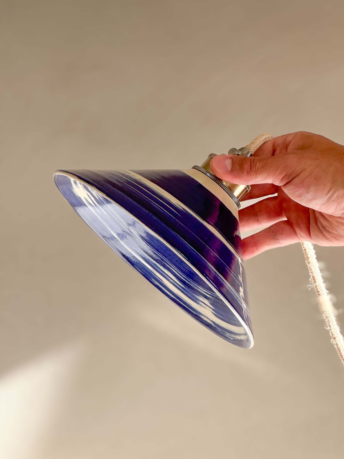 Handmade Ceramic Lamp Shade – Gosu Series #07 with cobalt blue accents and glossy finish, highlighting artisanal craftsmanship.