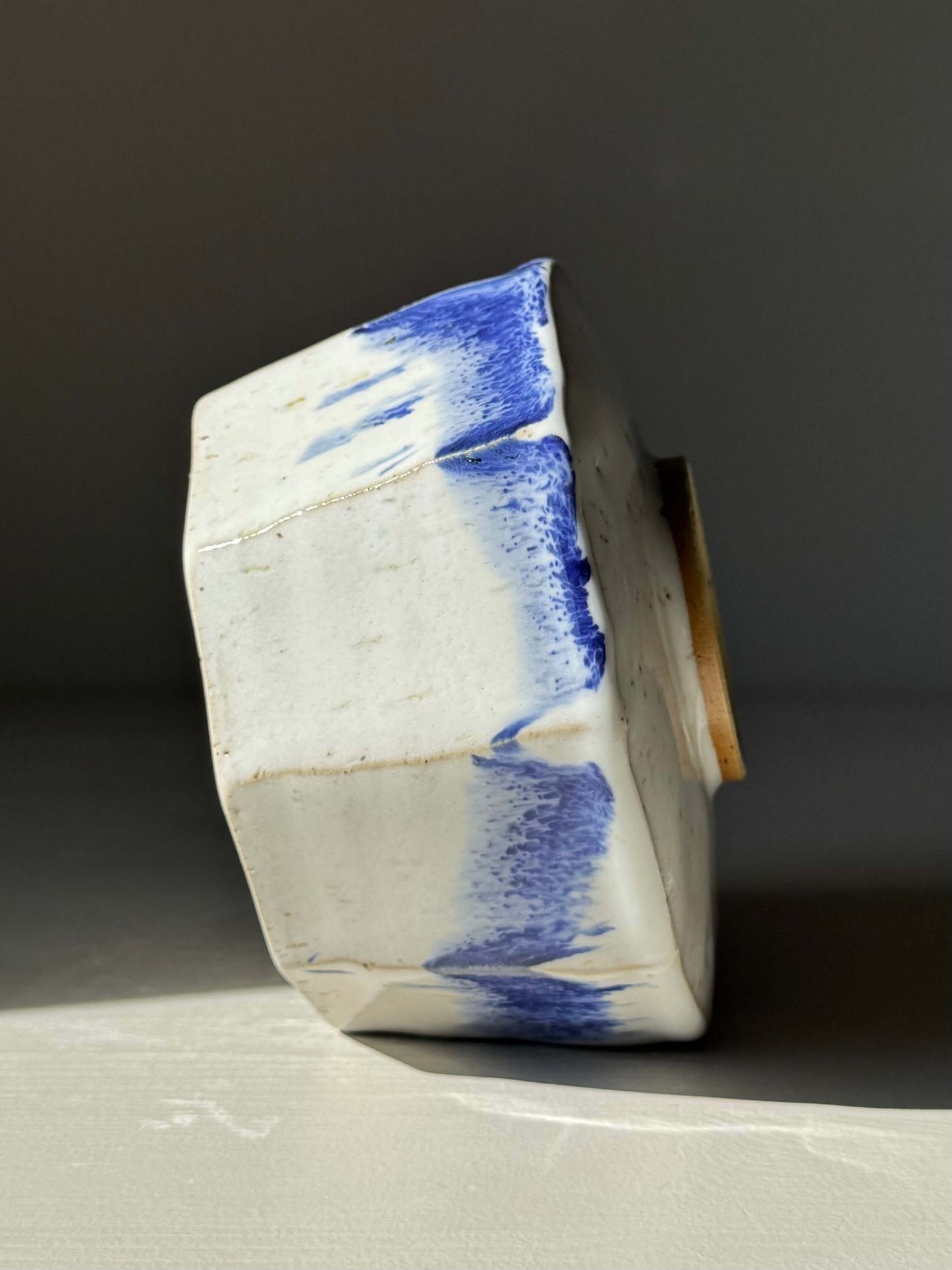 Handmade ceramic Faceted Matcha Bowl with Spout – Cobalt Blue & Glossy White Glaze #04, featuring unique cobalt blue accents.