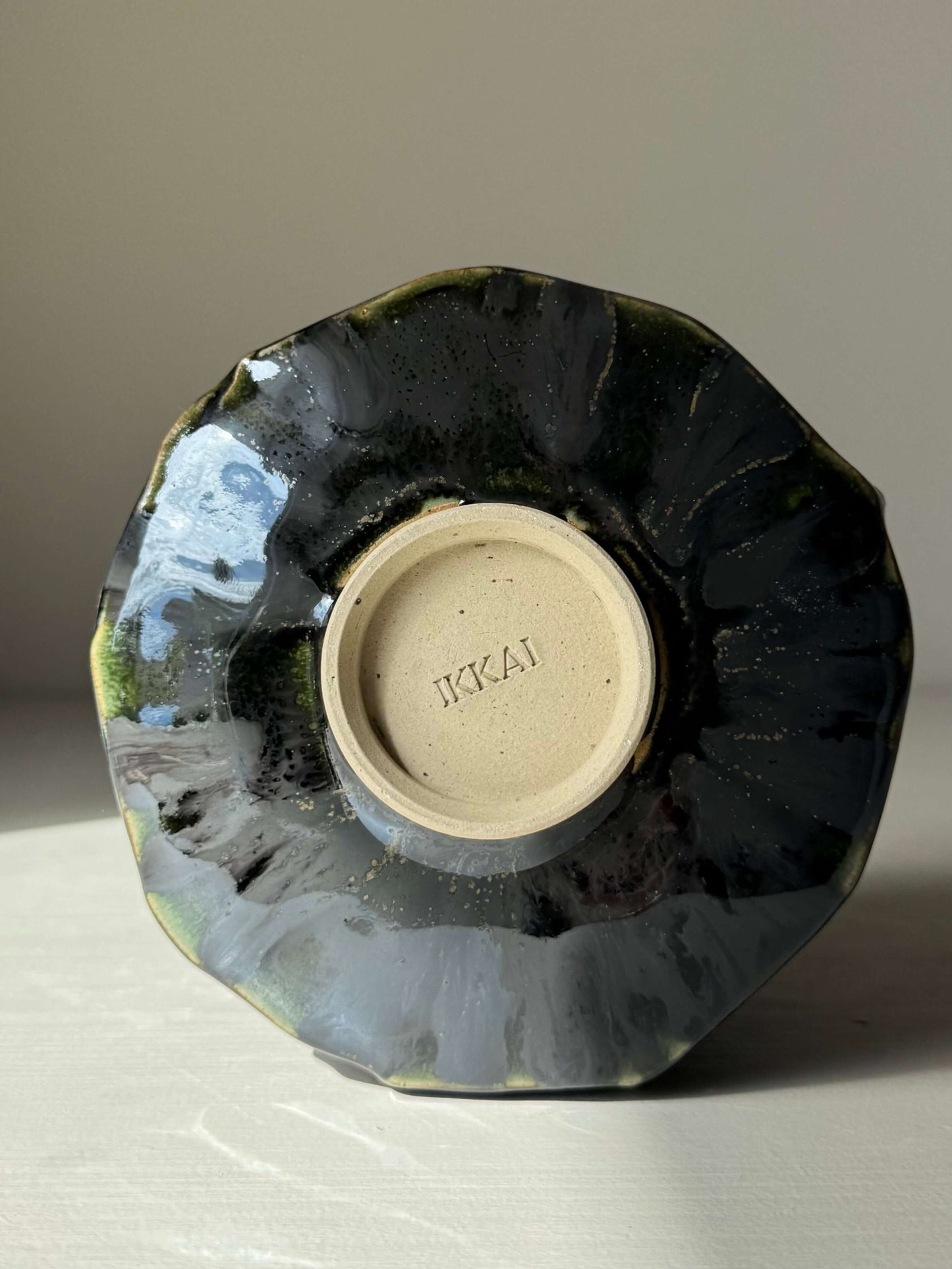 Bottom view of Textured Matcha Bowl - Hinoki Series #11 showcasing handmade ceramic finish.