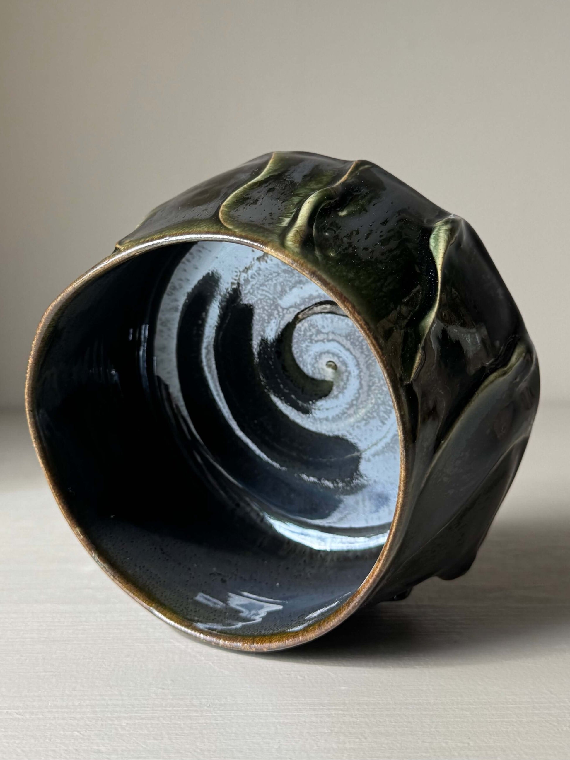 Handmade ceramic Textured Matcha Bowl - Hinoki Series #08 with green glaze and unique texture.