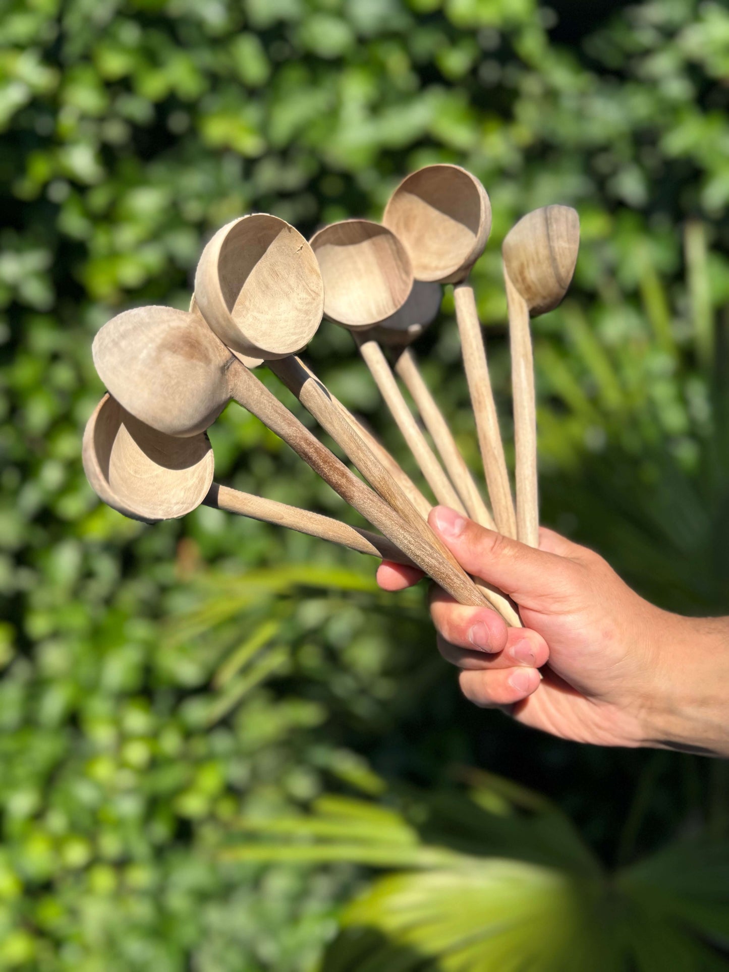 Hand holding a set of hand-carved walnut wood serving spoons in vibrant outdoor setting.
