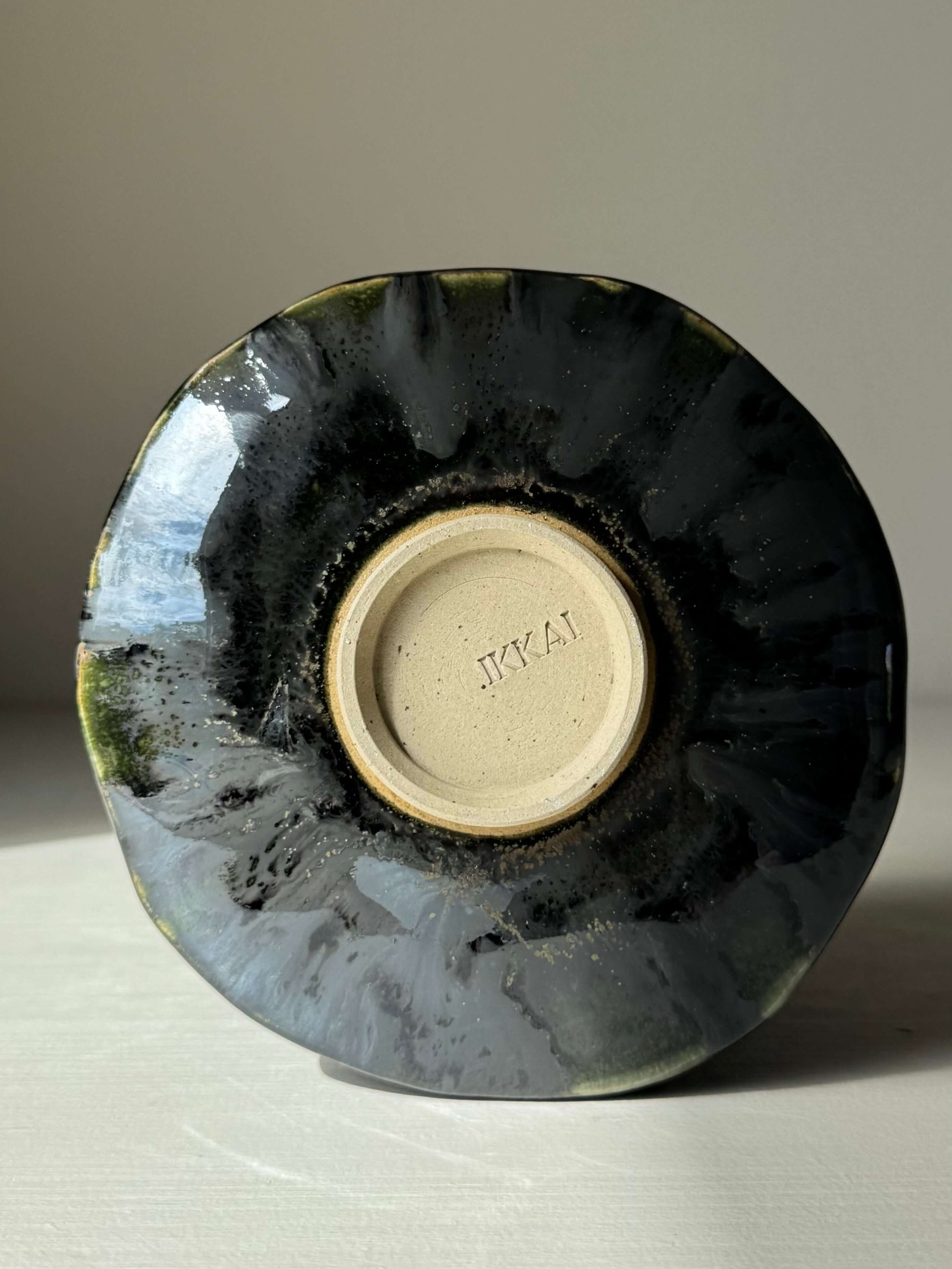 Textured Matcha Bowl - Hinoki Series #10, handmade ceramic with a green glazed finish, showcasing natural beauty and craftsmanship.