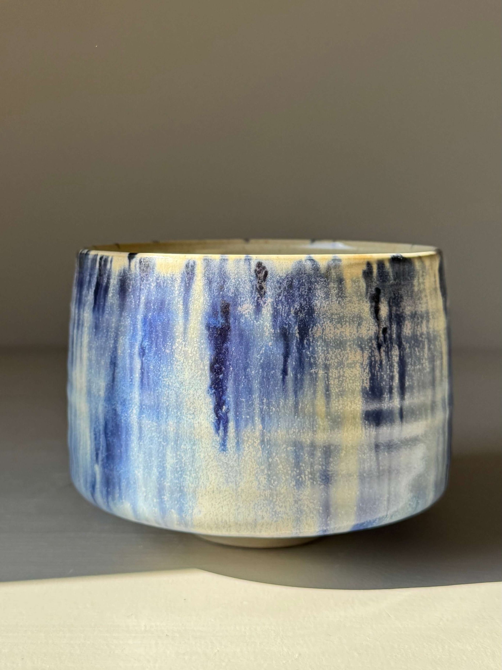 Handmade ceramic Matcha bowl - Cobalt Blue & Moonstone Glaze #01 with layered deep cobalt and moonstone glazes, 9cm x 11cm size.