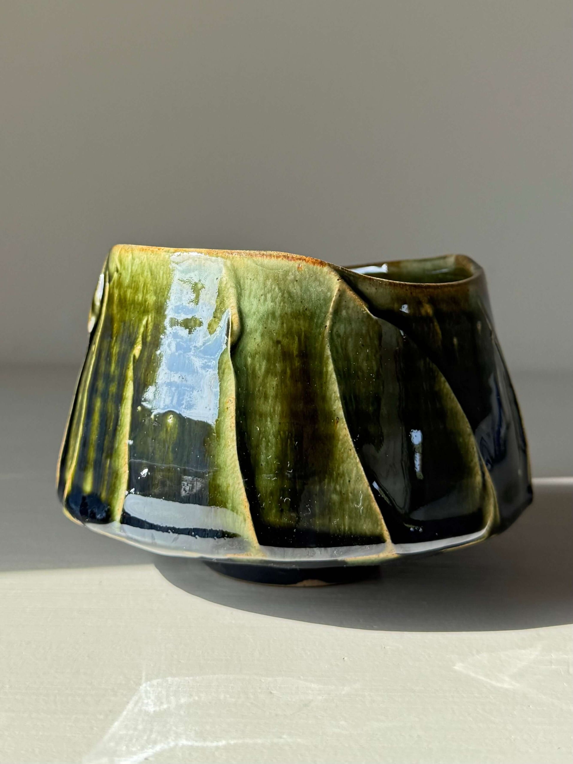 Textured Matcha Bowl - Hinoki Series #07, handmade ceramic with green glaze and unique texture.