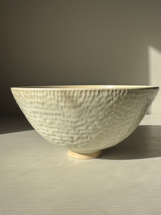 Medium Bowl – Moonstone with creamy satin glaze and hand-carved texture, ideal for adding elegance to any table setting.
