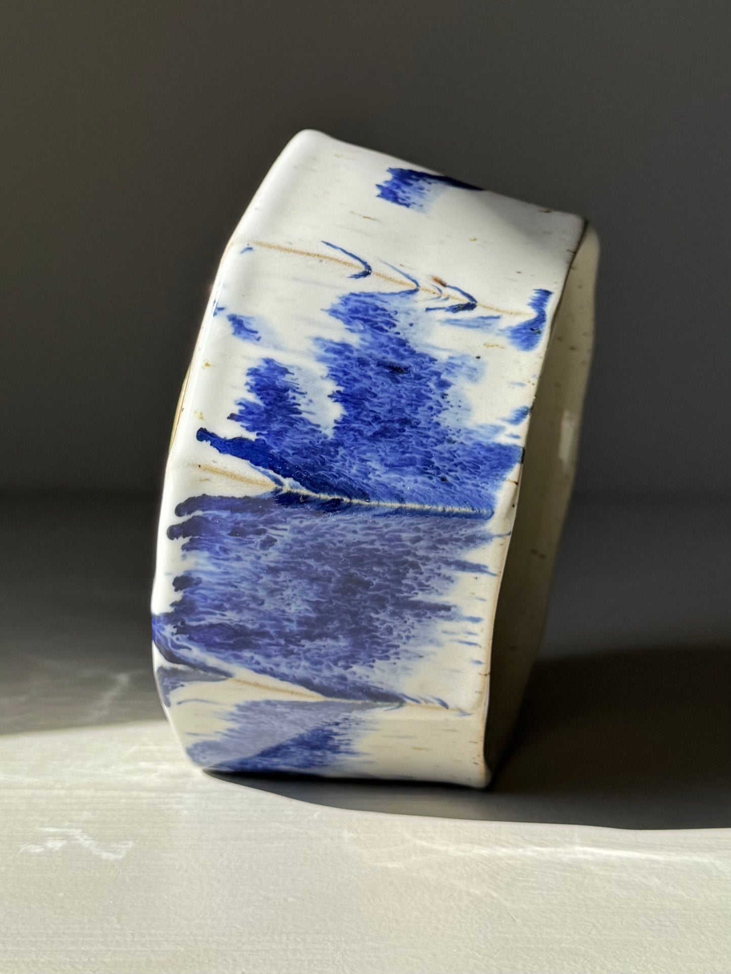 Faceted Matcha Bowl – Cobalt Blue & Glossy White Glaze #03