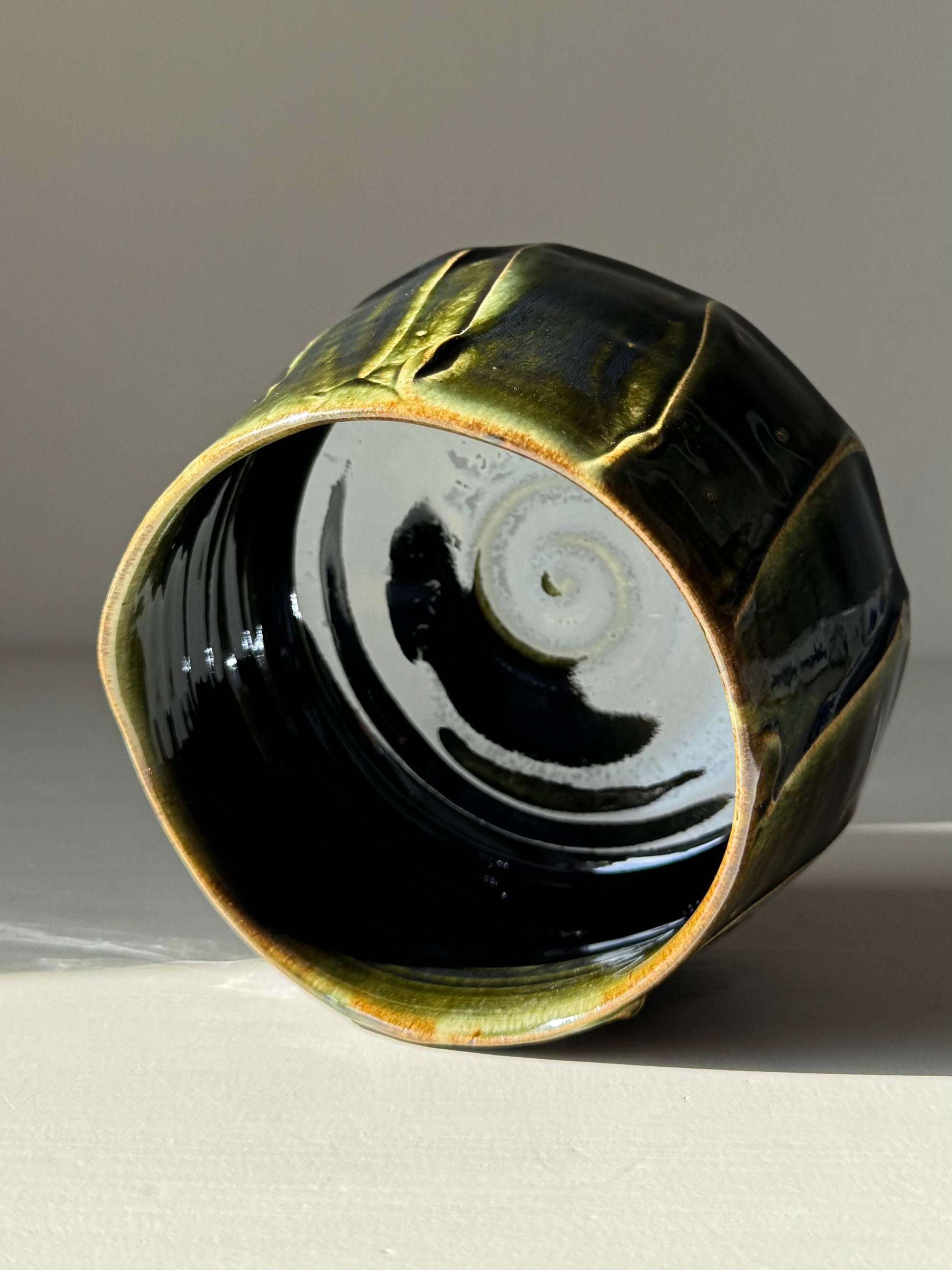 Textured Matcha Bowl - Hinoki Series #07, handmade ceramic with green glaze and unique texture, inspired by Hinoki tree hues.