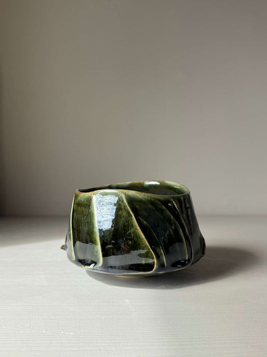 Handmade Textured Matcha Bowl - Hinoki Series #09 with green glaze and unique finish, inspired by Hinoki tree's calming aesthetics.