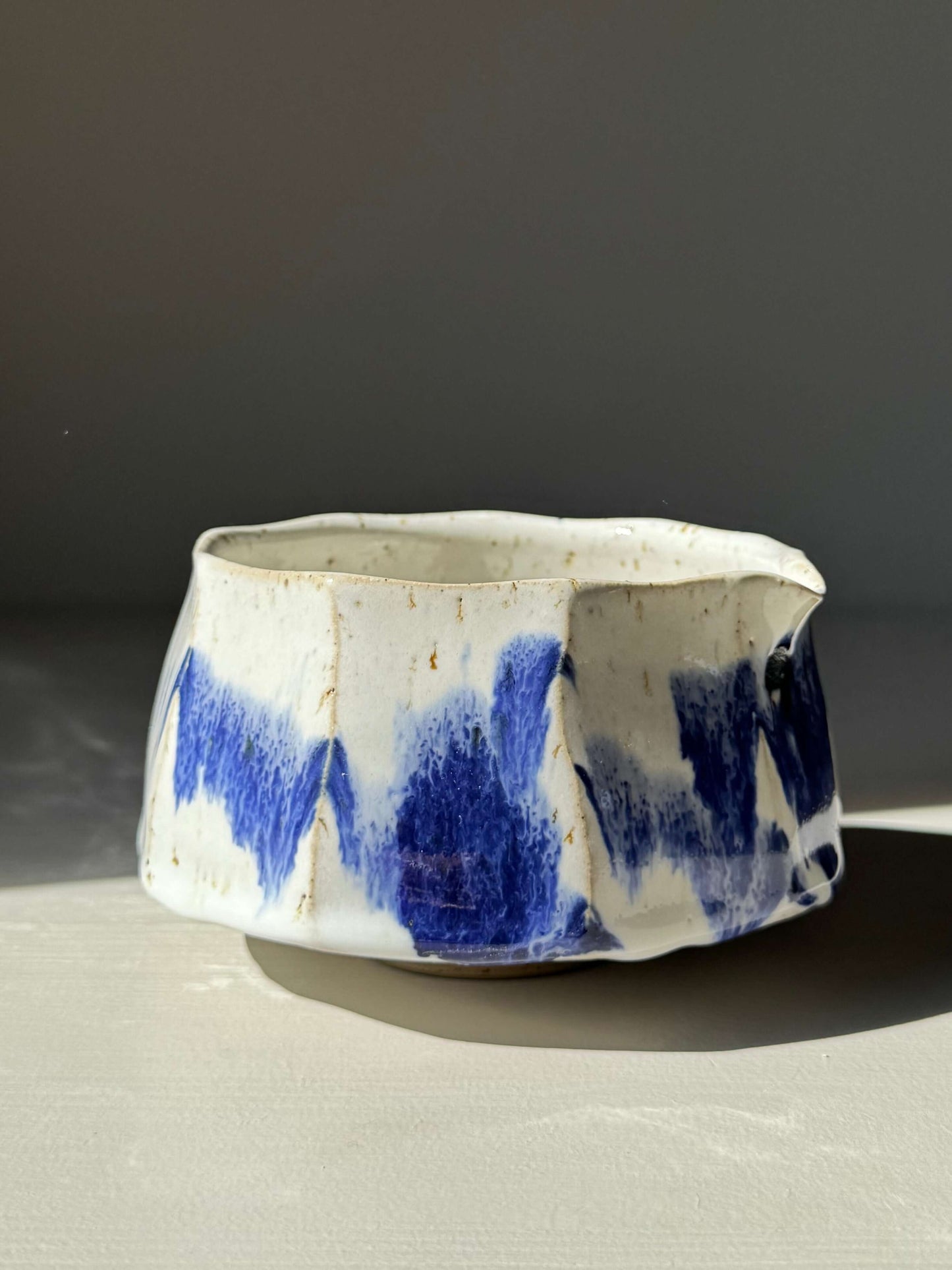 Faceted Matcha Bowl with Spout – Cobalt Blue & Glossy White Glaze #03, handmade ceramic with unique design.