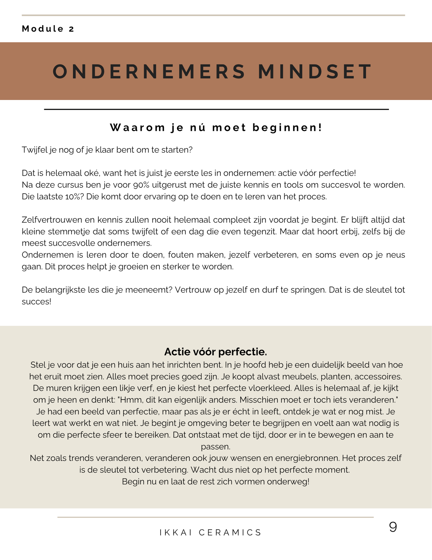 eBook page from 'Hoe je een keramiekbedrijf start' focusing on entrepreneurs' mindset