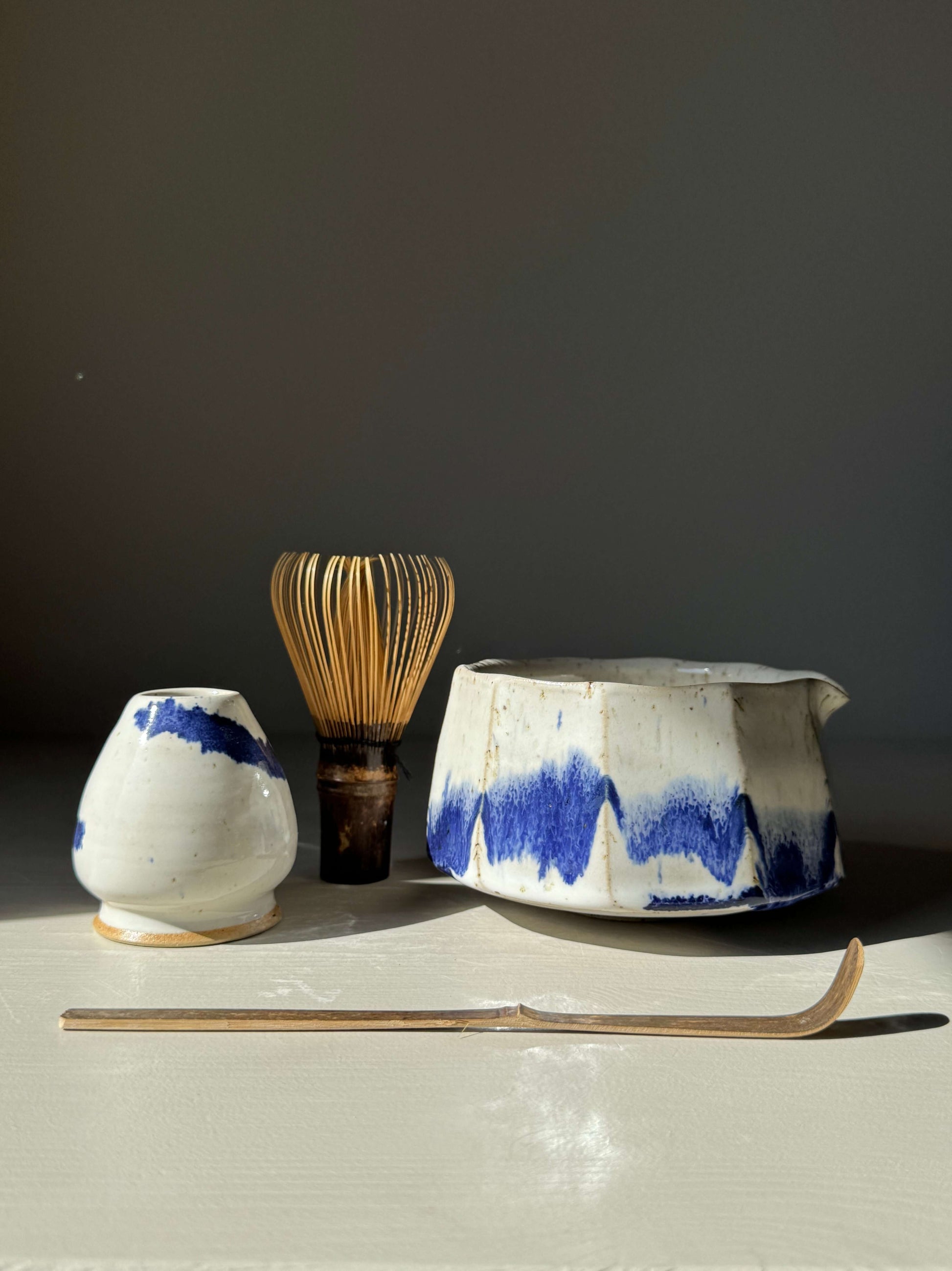 Handmade ceramic Faceted Matcha Bowl with Spout – Cobalt Blue & Glossy White Glaze #02 with whisk and spoon