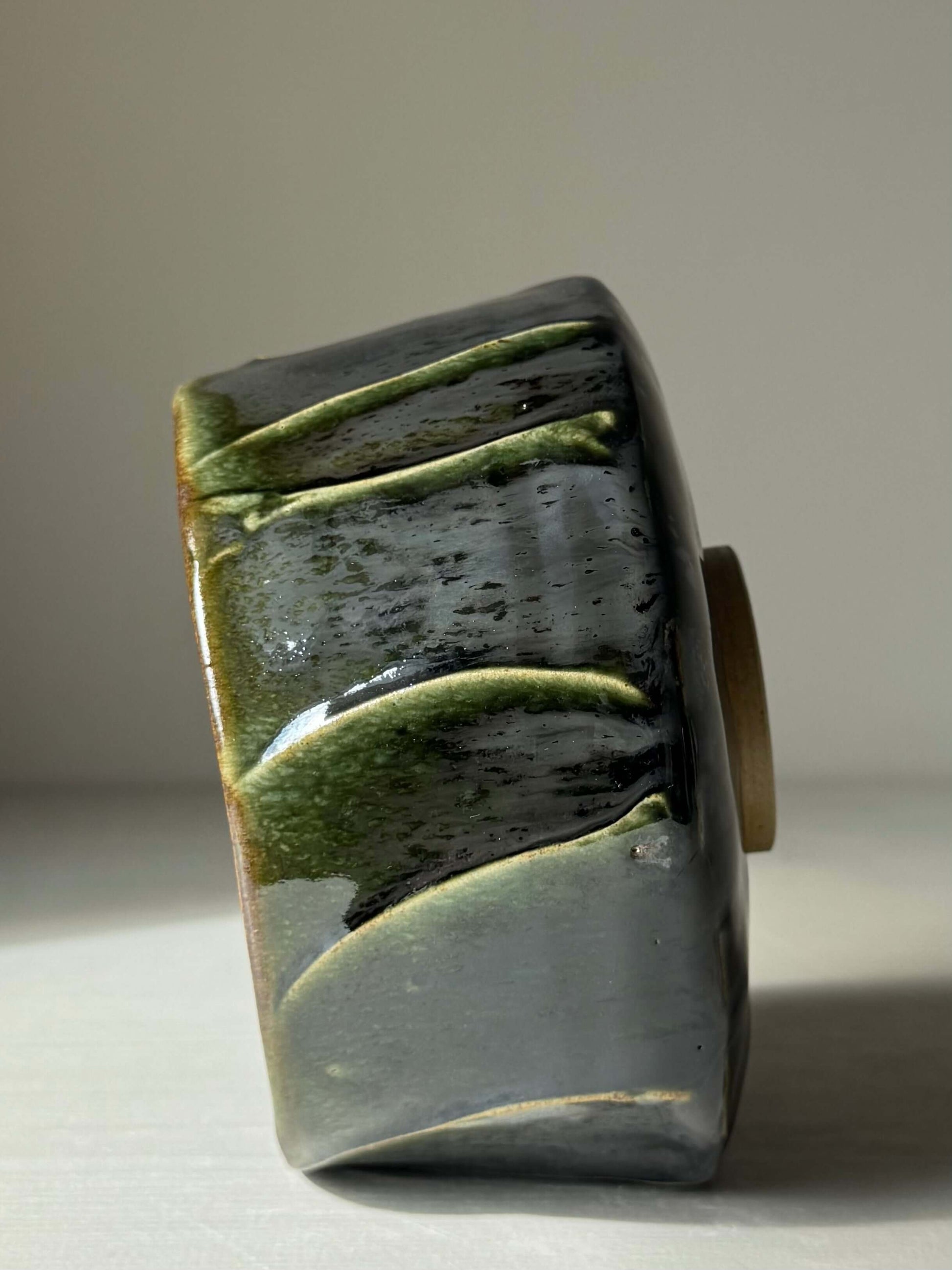 Textured Matcha Bowl - Hinoki Series #10, handmade ceramic with green glaze and textured finish, inspired by Hinoki tree's calming hues.
