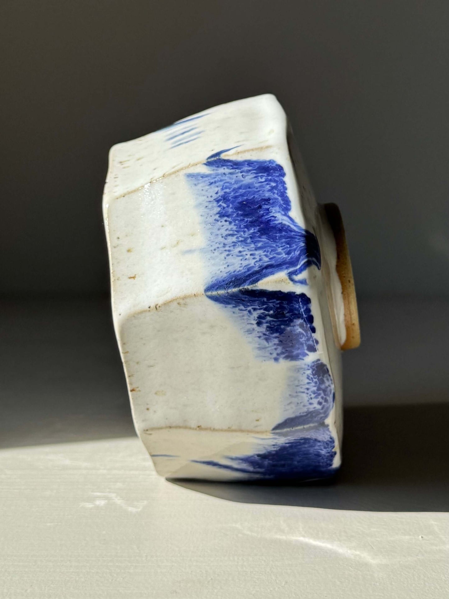 Faceted Matcha Bowl with Spout – Cobalt Blue & Glossy White Glaze #03, handmade ceramic with bold cobalt blue accents
