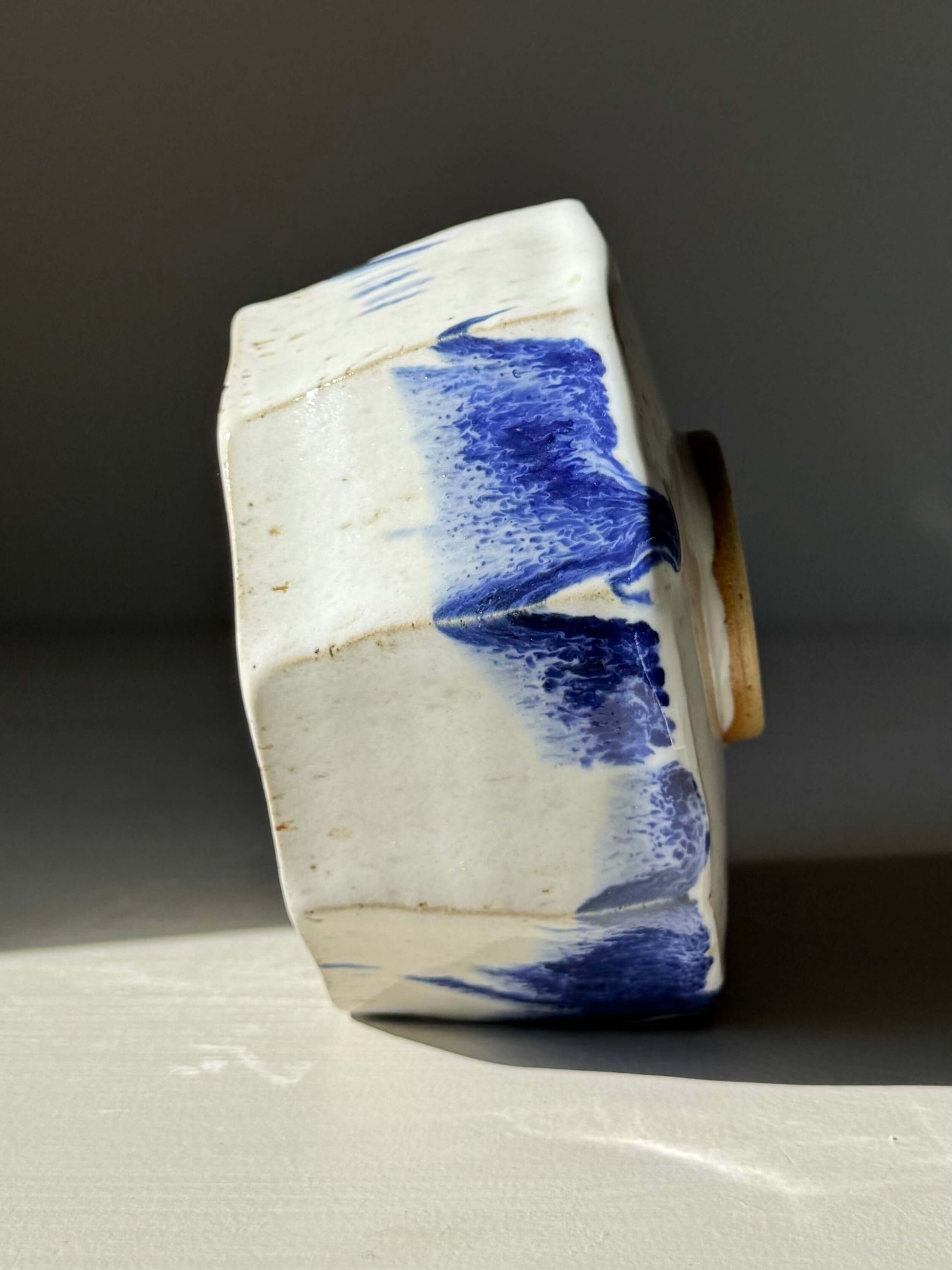 Faceted Matcha Bowl with Spout – Cobalt Blue & Glossy White Glaze #03, handmade ceramic with bold cobalt blue accents