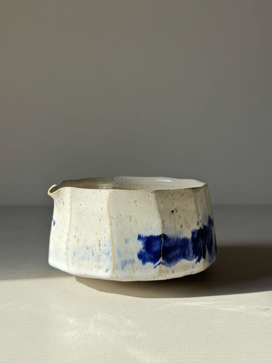 Handmade ceramic Faceted Matcha Bowl with Spout – Cobalt Blue & Glossy White Glaze #010 featuring a unique faceted design.