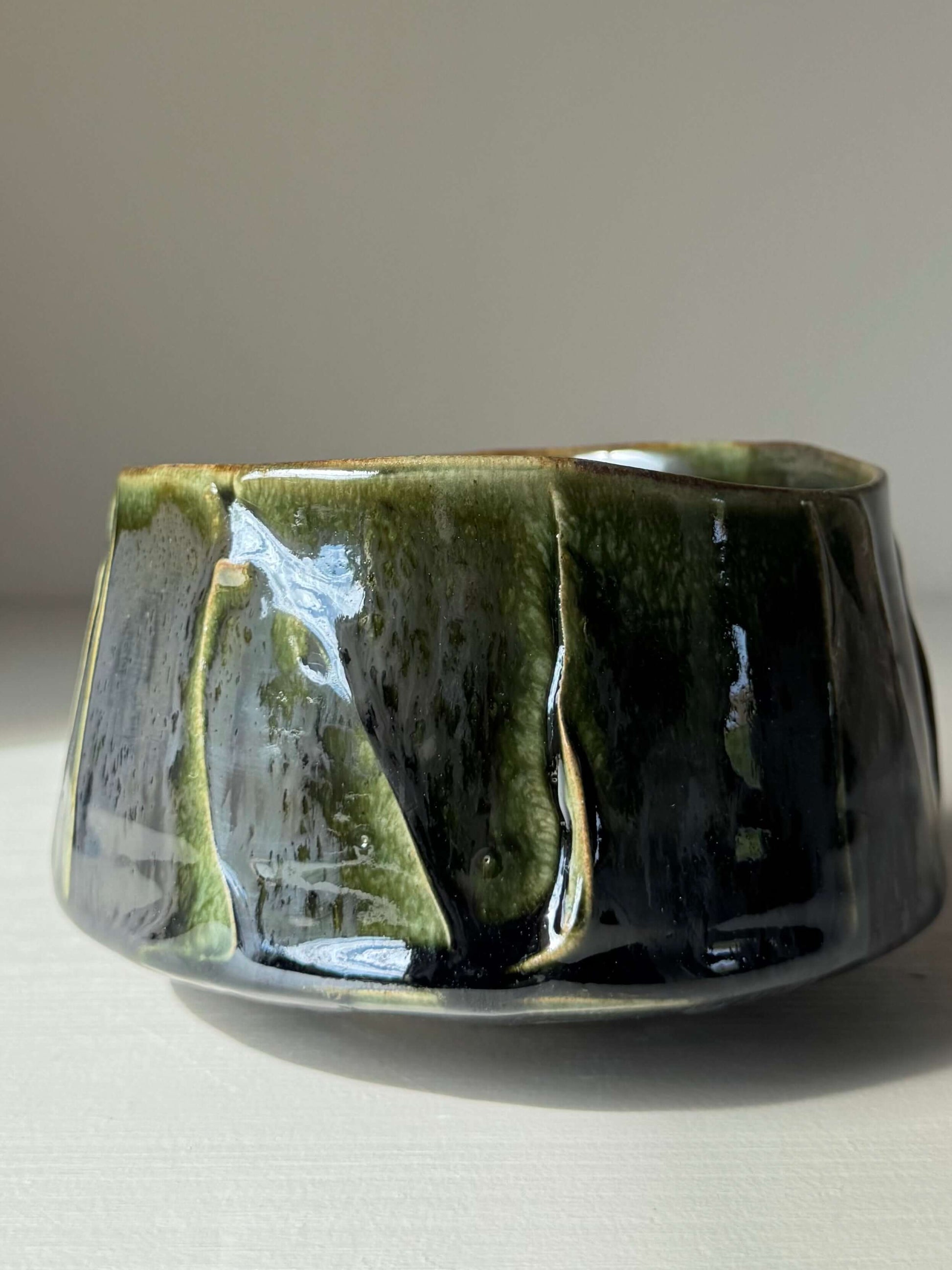 Handmade ceramic Textured Matcha Bowl - Hinoki Series #10 with green glaze and textured finish, inspired by Hinoki tree hues.