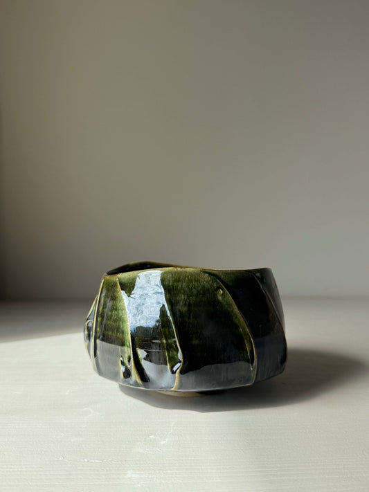 Textured Matcha Bowl - Hinoki Series #12, handcrafted ceramic with green glaze and unique texture, perfect for a calming matcha ritual.