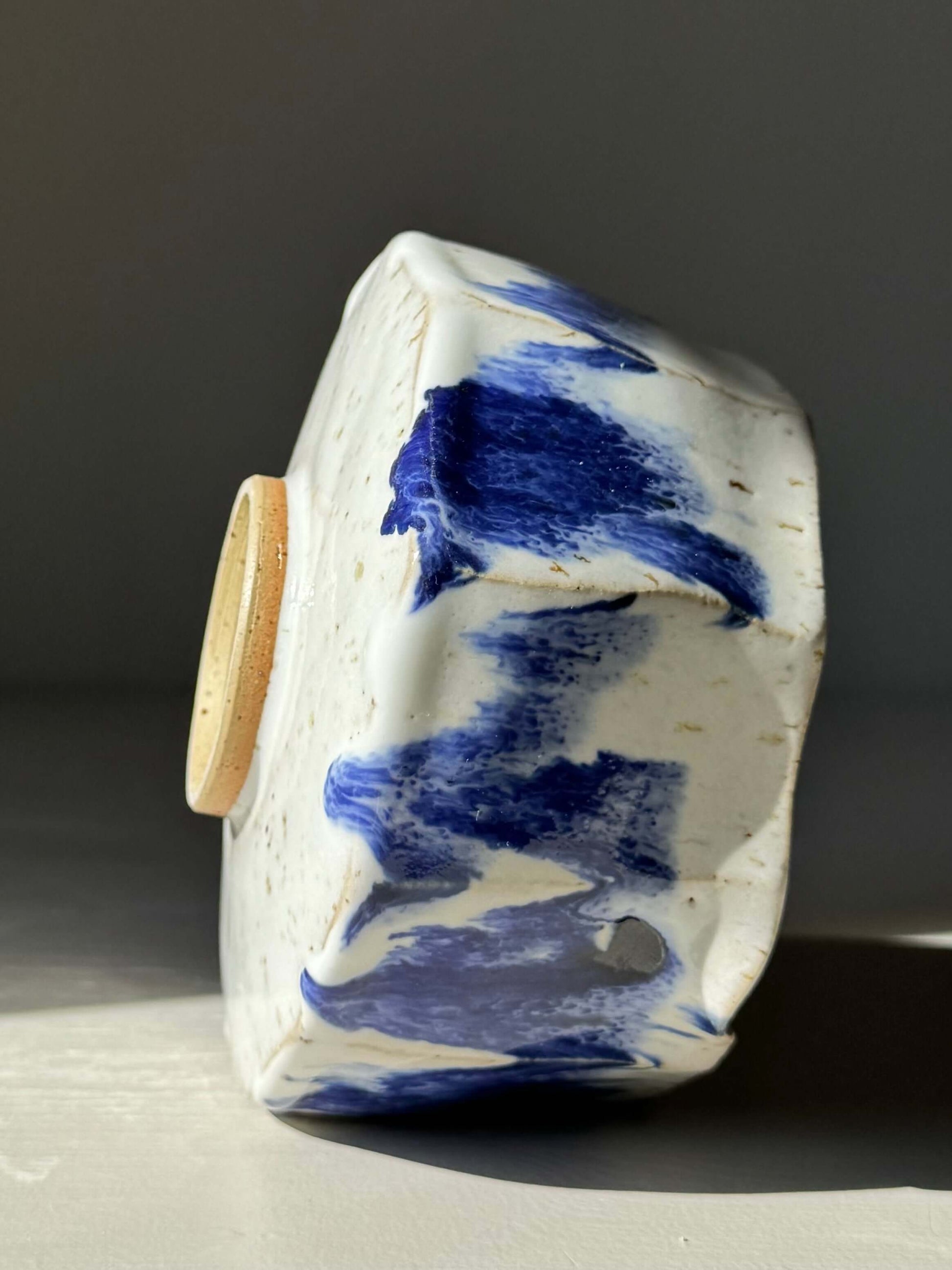 Handmade ceramic Faceted Matcha Bowl with Spout – Cobalt Blue & Glossy White Glaze #03 with unique faceted design and cobalt accents