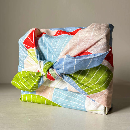 Medium Furoshiki - Pink Fan - Organic Cotton, handmade ceramic inspired wrapping with vibrant pink, red, green Japanese patterns, 70 cm