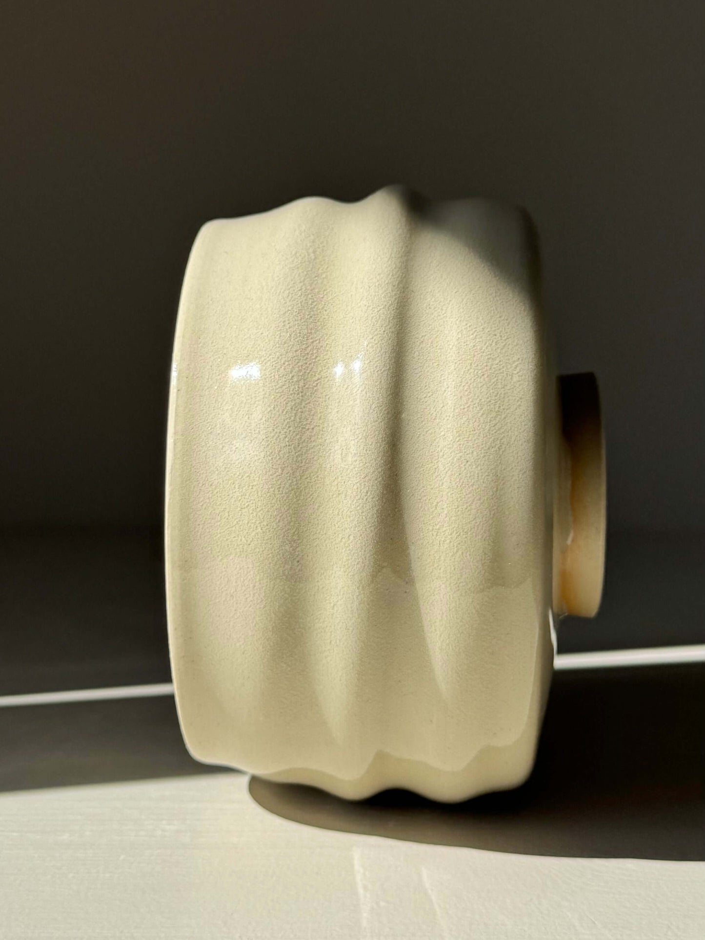Matcha Bowl - Clear Glaze #01 handmade ceramic with carved ridges and natural stoneware finish. Side view showing rounded form.