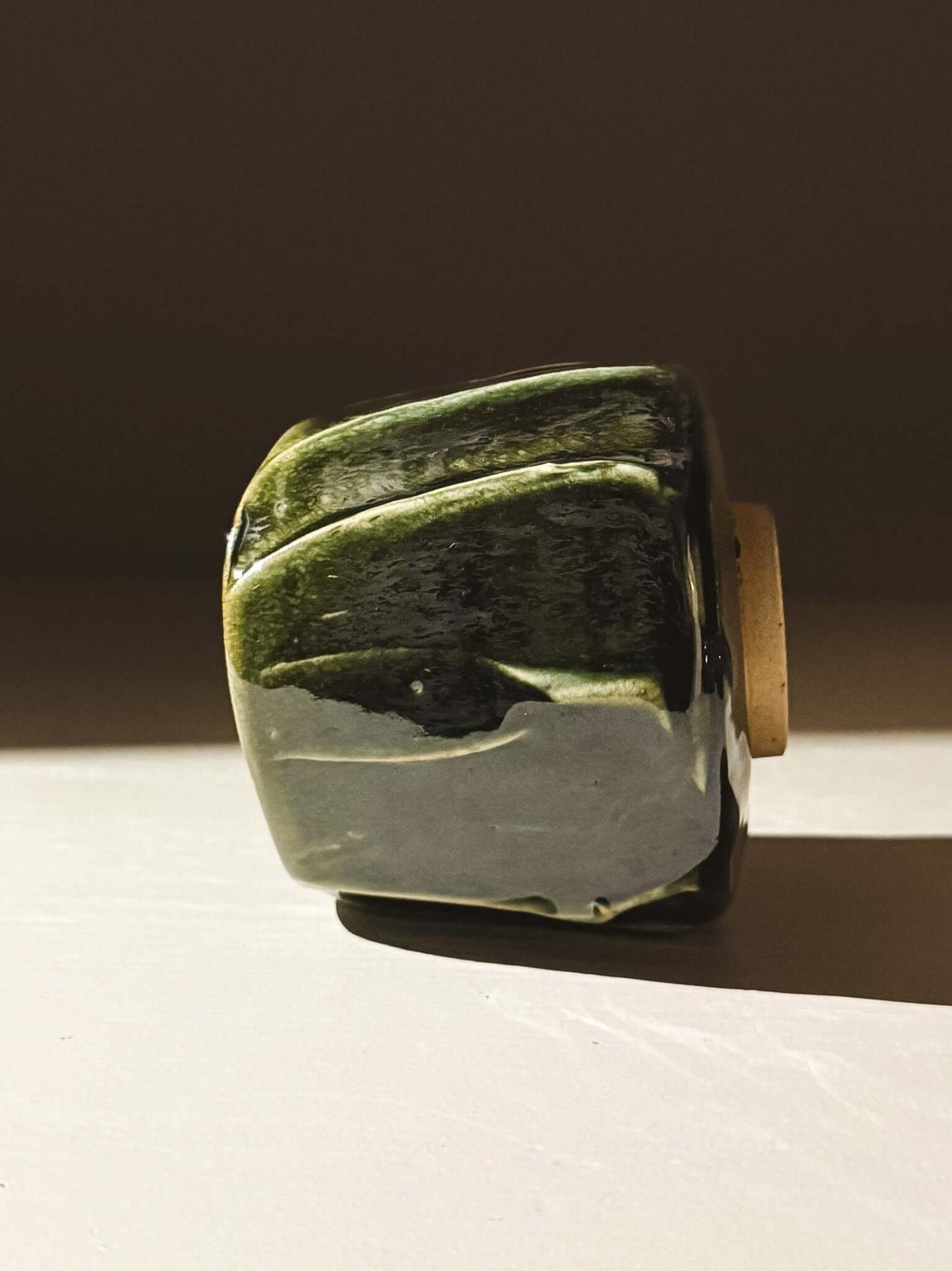 Yunomi Cup - Hinoki #05 with deep green glaze, showcasing soft, flowing slip lines for unique texture and depth.