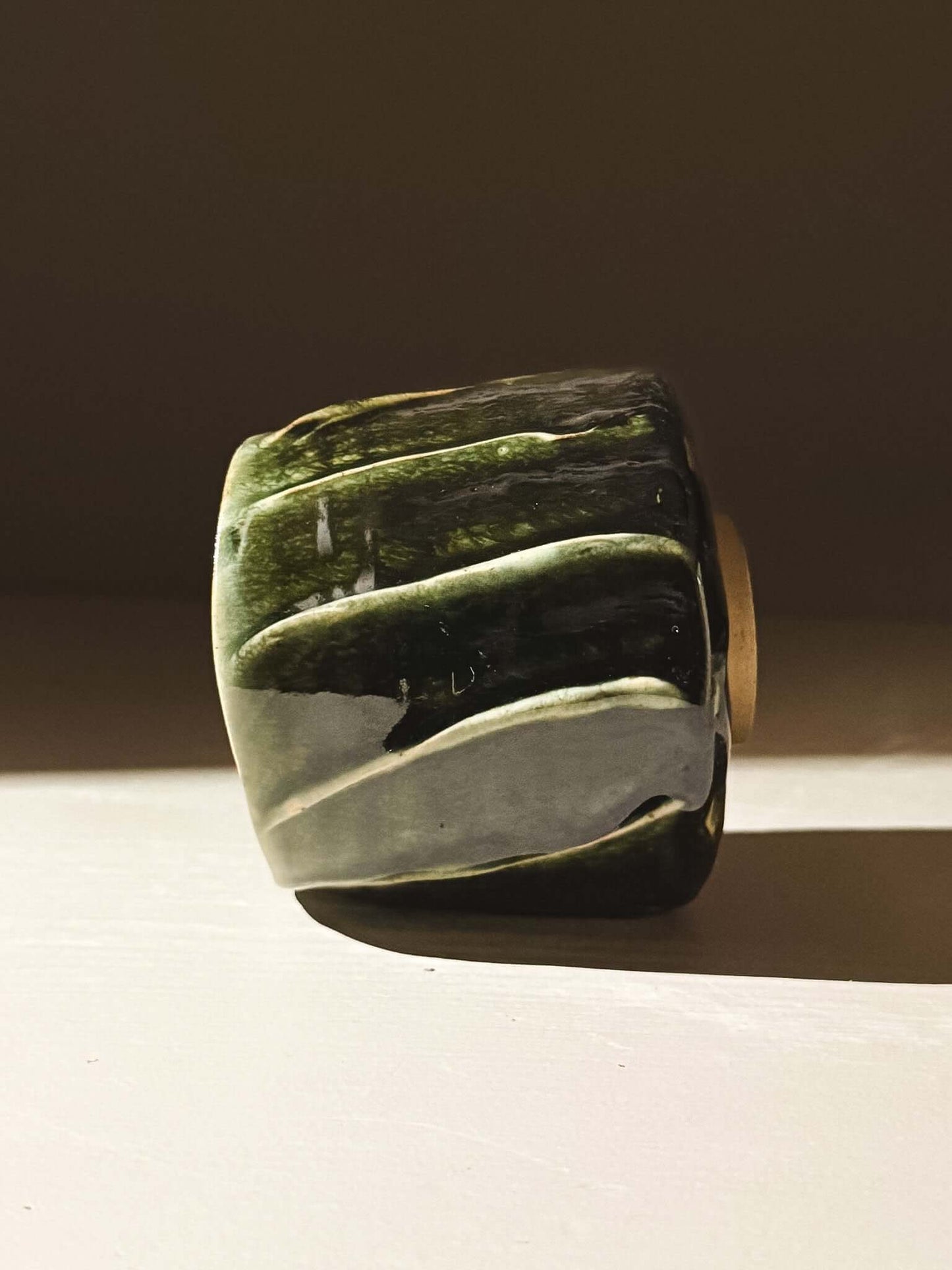 Yunomi Cup - Hinoki #07 with deep green glaze and textured lines, handmade for everyday tea moments.