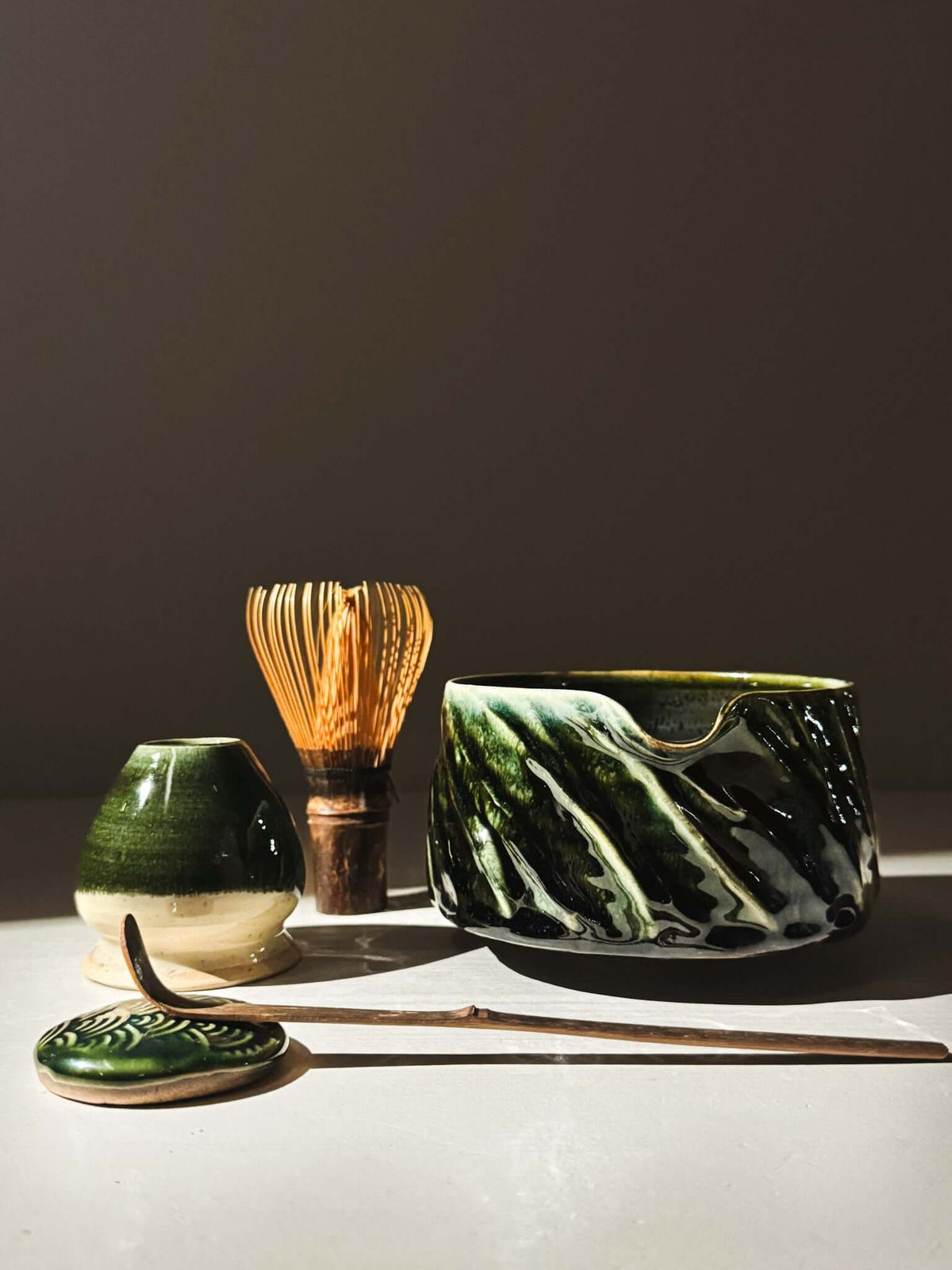 Textured Matcha Bowl Spout - Hinoki #01 with slip decoration and glossy green glaze, part of the Hinoki Series.