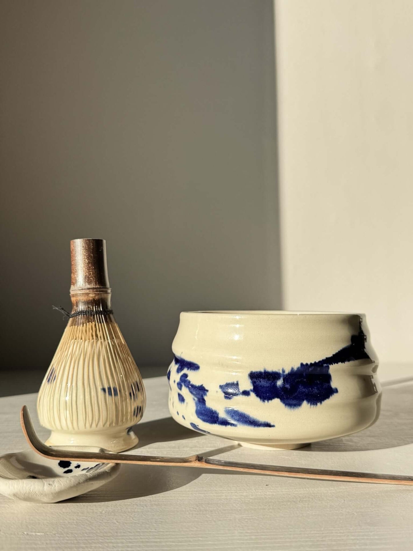 Matcha Bowl – Gosu Series #01 with cobalt glaze and bamboo whisk.