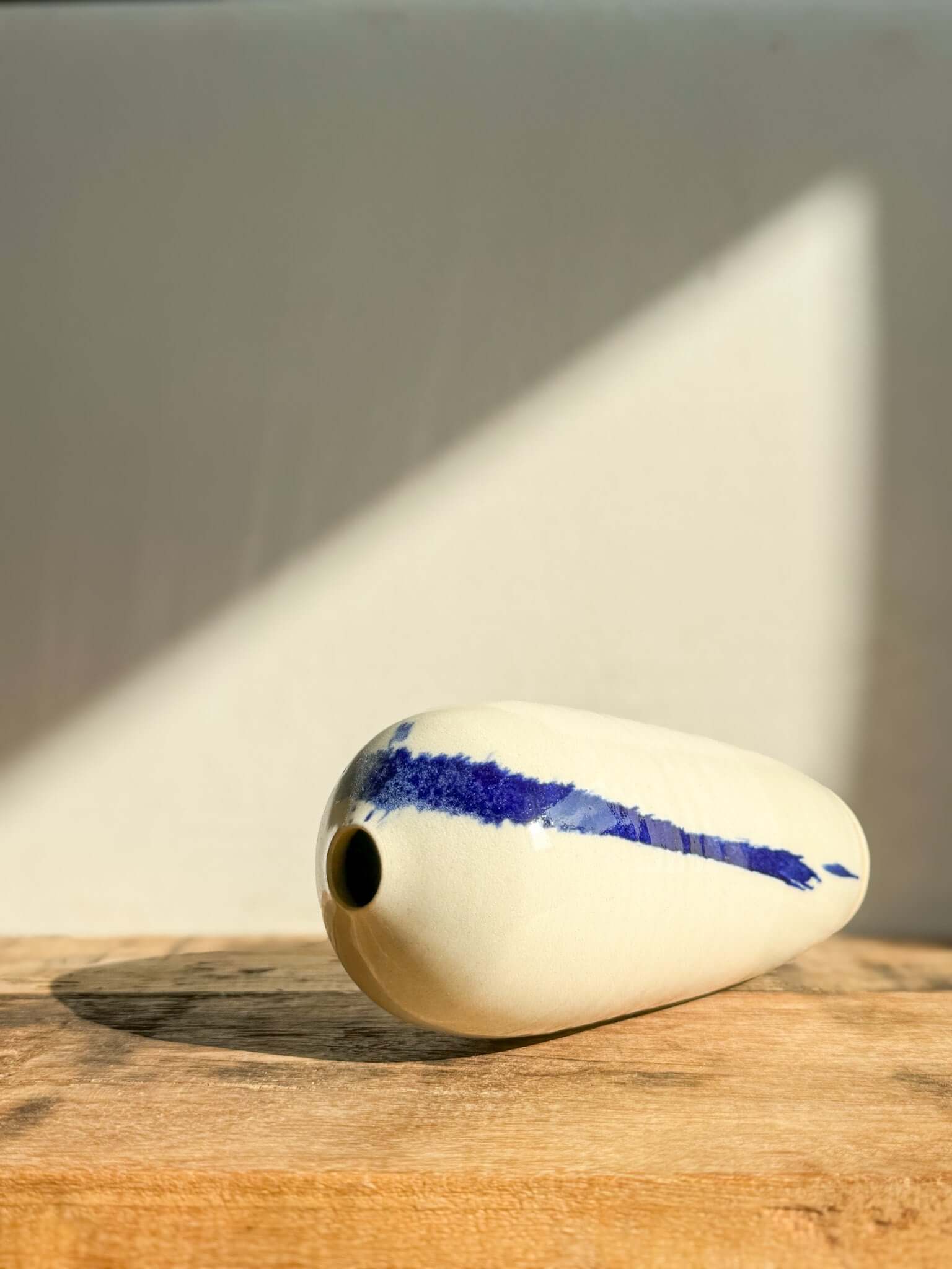 Ceramic Vase - Gosu Series #07 with hand-splashed cobalt blue accents, handmade ceramic with glossy clear glaze, 17cm tall x 8cm diameter.