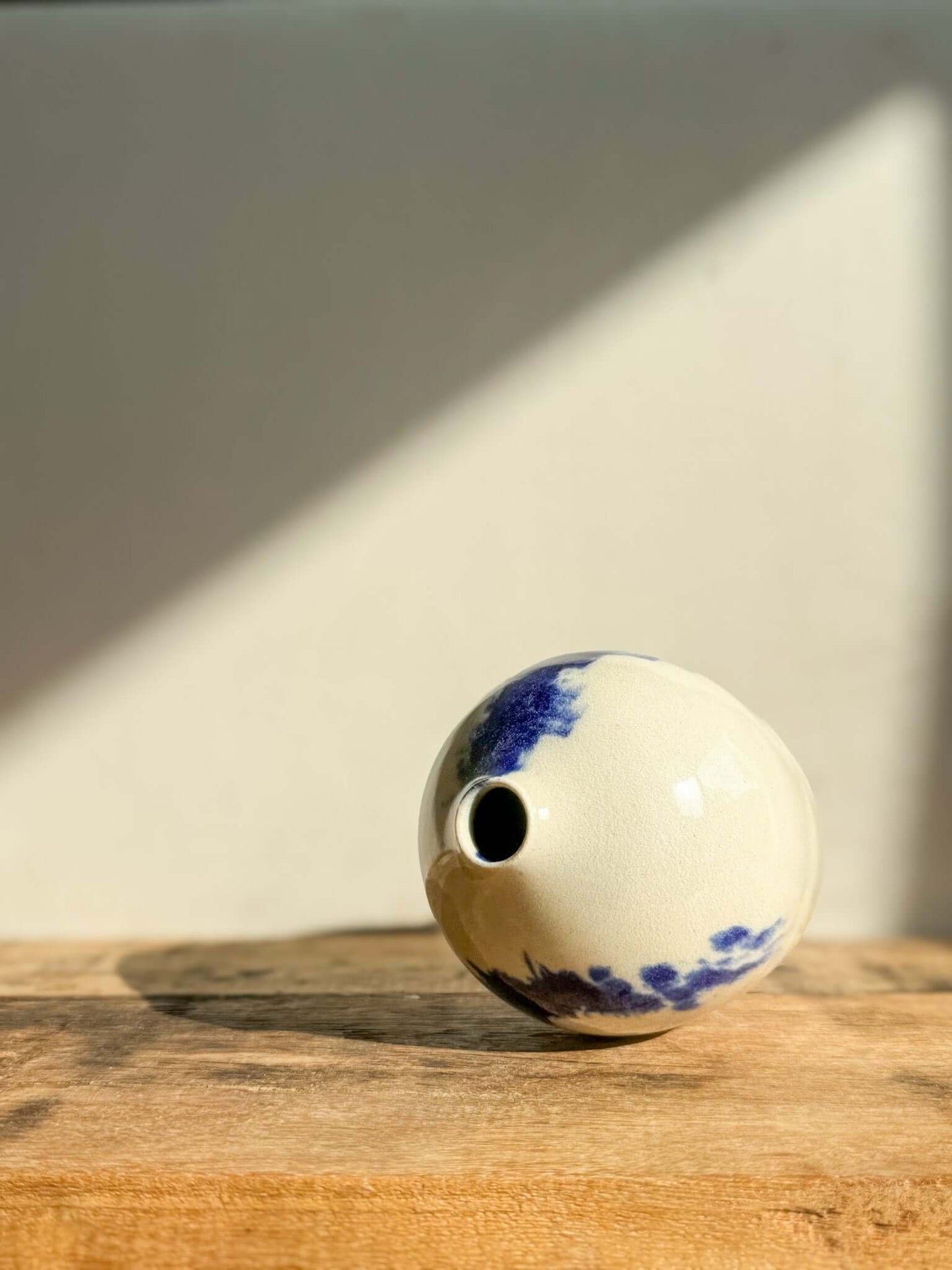 Ceramic Vase - Gosu Series #06 with cobalt blue accents, handmade ceramic, glossy finish, 14.5 cm tall, elegant design on wooden table.
