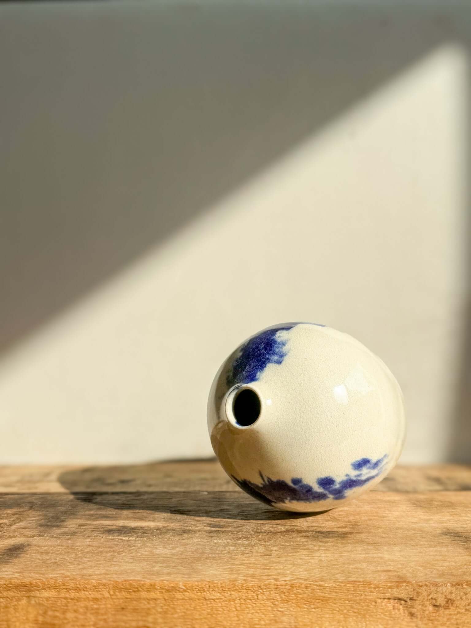 Ceramic Vase - Gosu Series #06 with cobalt blue accents, handmade ceramic, glossy finish, 14.5 cm tall, elegant design on wooden table.