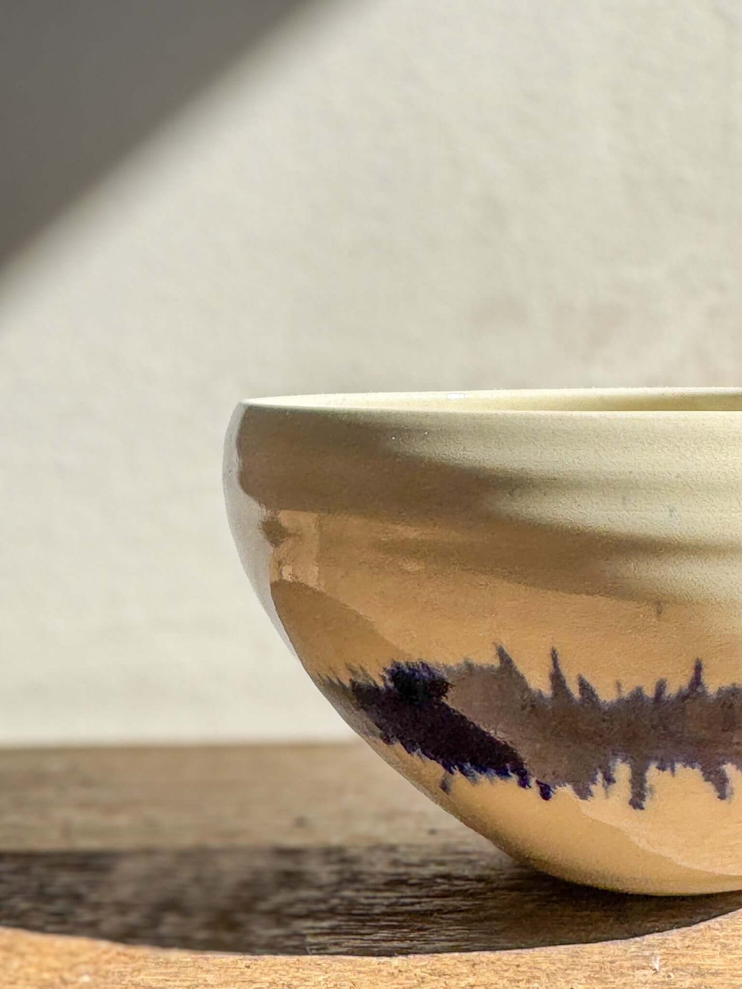 Gosu Series bowl with cobalt blue splashes on soft glaze, showcasing unique and expressive design, perfect for breakfast or small meals.