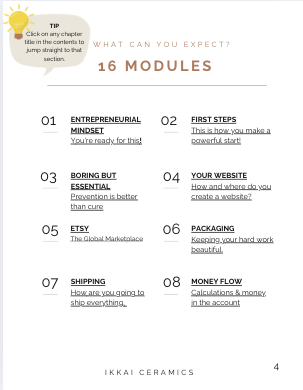 eBook page detailing modules for 'Turn Your Passion for Pottery into a Thriving Business', focusing on handmade ceramic business tips.