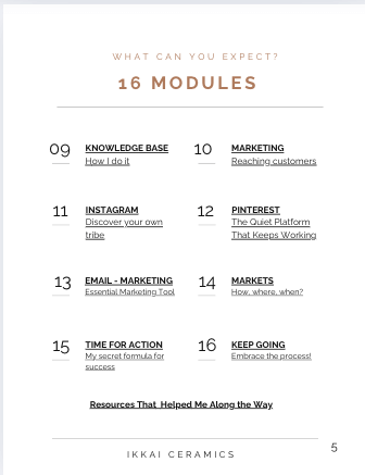 Ebook content page listing 16 pottery business modules including marketing and social media strategies by Ikkai Ceramics.