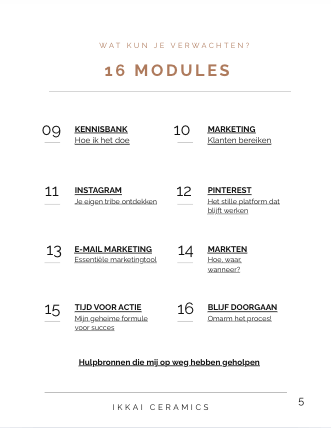 Image showing 16 modules related to marketing and ceramics from Ikkai Ceramics guide.