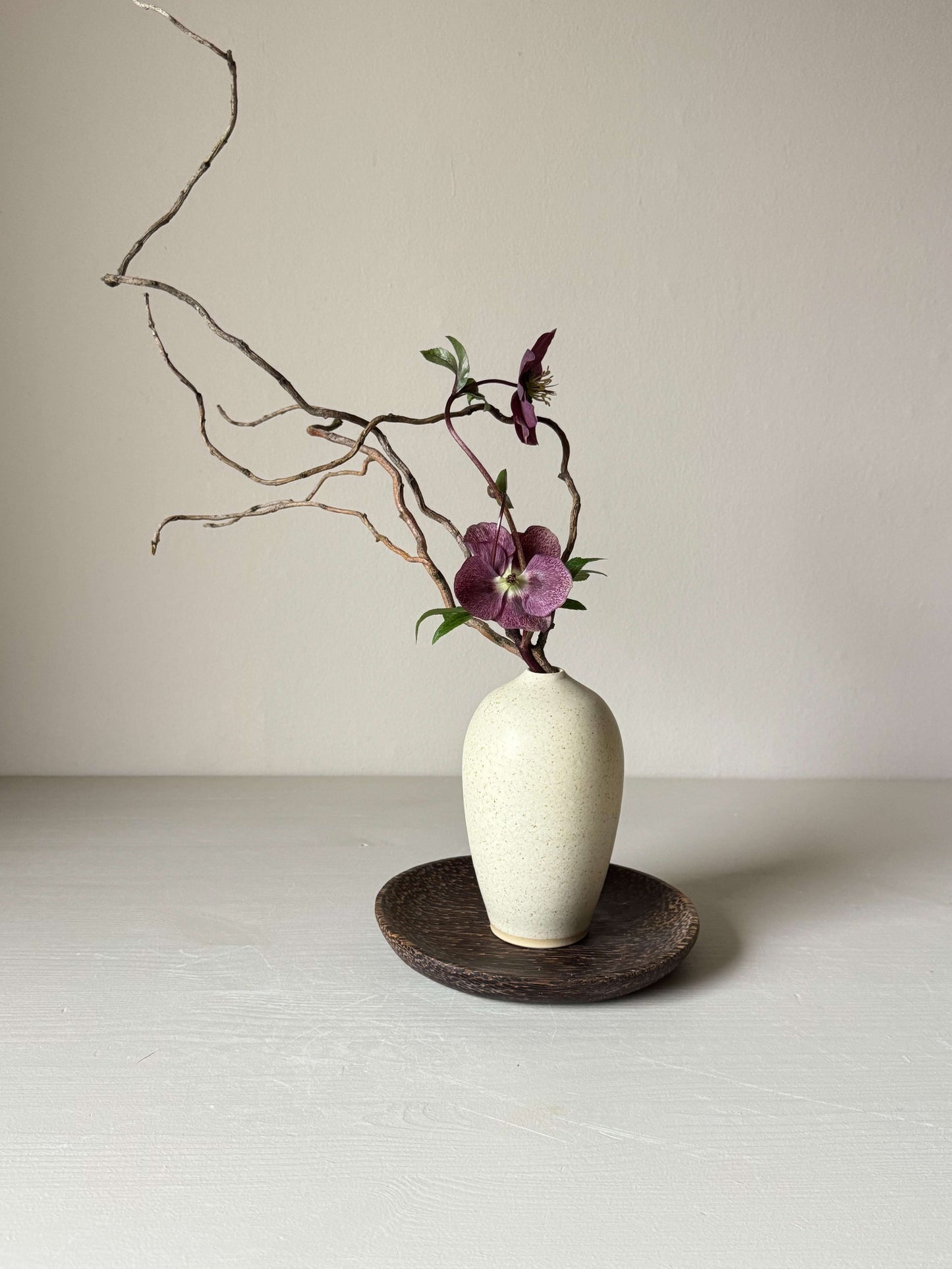 Speckled matte cream ceramic vase with floral arrangement, 13cm tall, perfect for ikebana or single stems, on a neutral background.