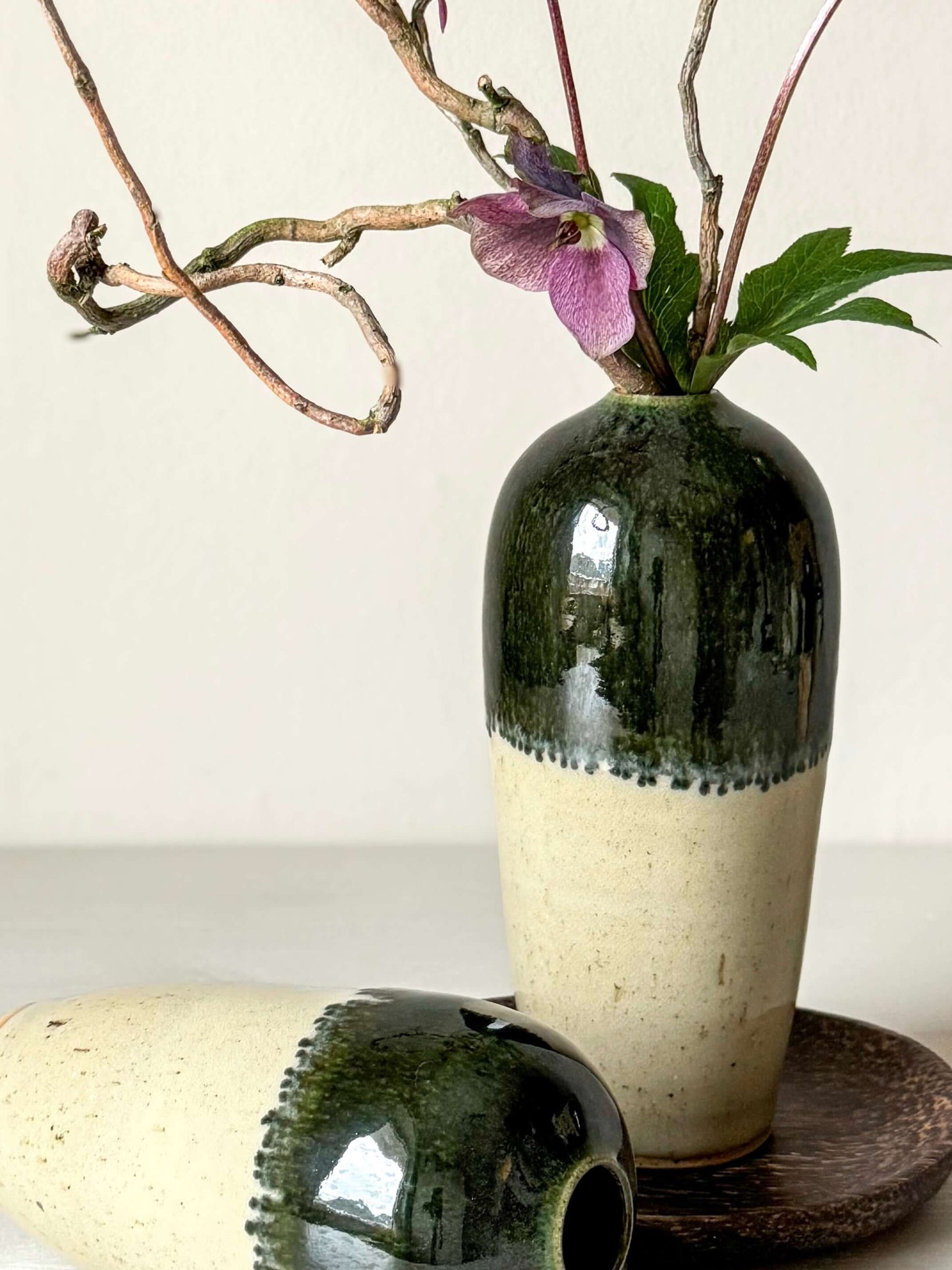 Handcrafted ceramic vase with green rim and twigs, showcasing smooth glossy finish, ideal for natural home decor accents.
