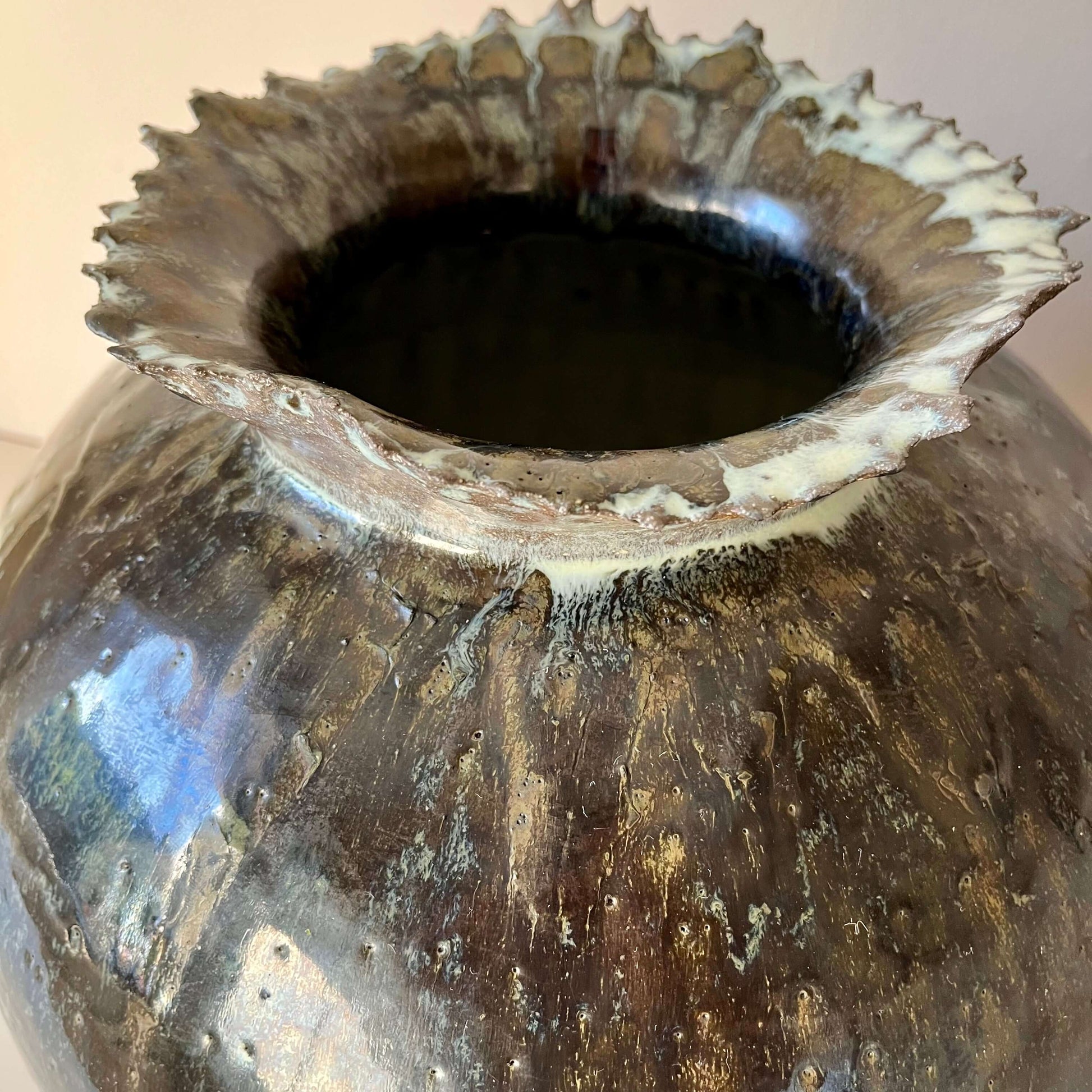 Close-up of Extra Large Hand built Vase, displaying unique handmade ceramic glaze and texture.