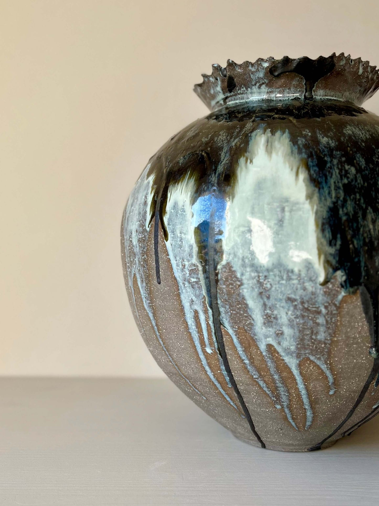 Extra Large Hand built Vase, handmade ceramic with a unique glaze finish, 36cm tall and 34cm wide, showcasing artisan craftsmanship.