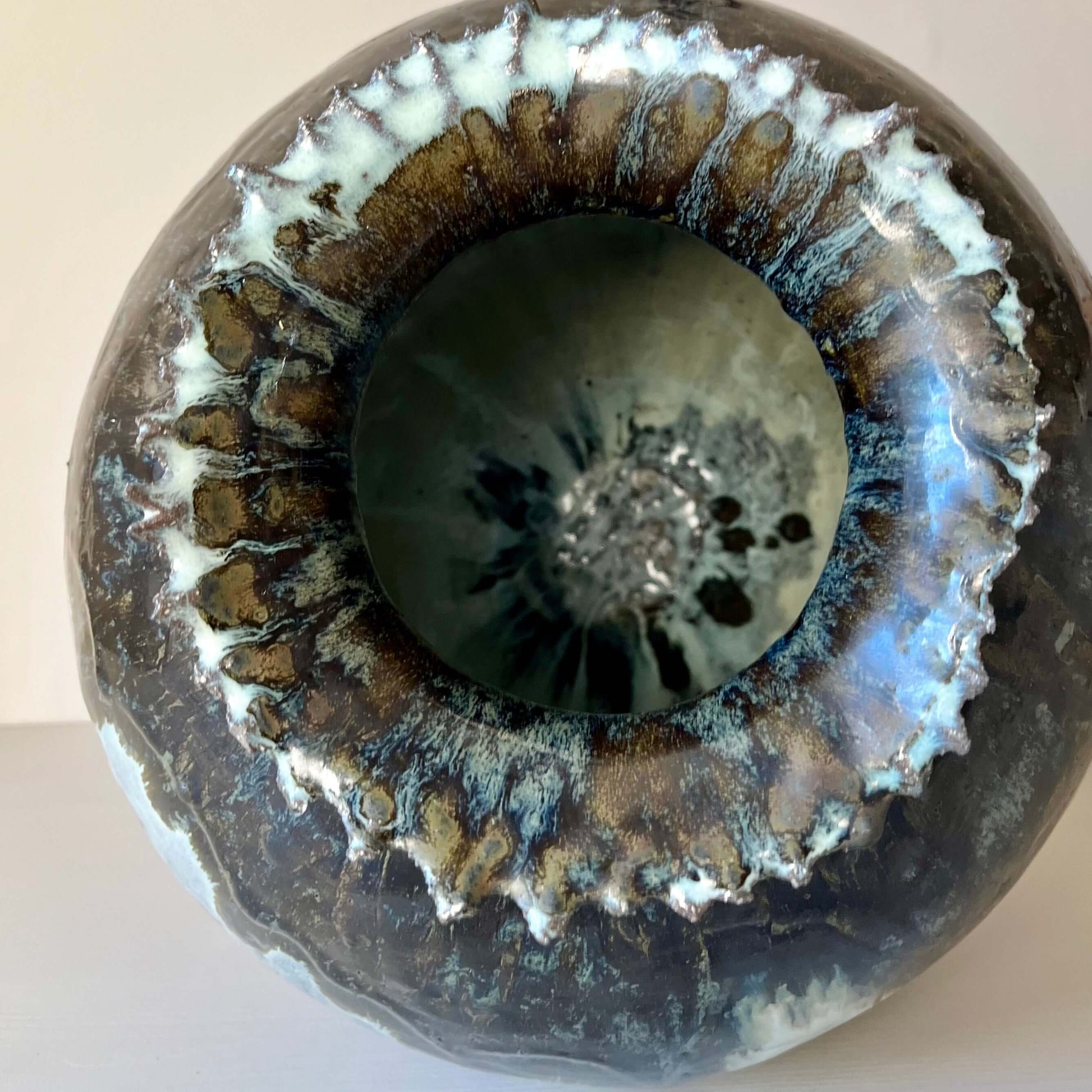 Top view of Extra Large Hand built Vase with unique handmade ceramic glaze finish, showcasing intricate detailing and crafted texture.