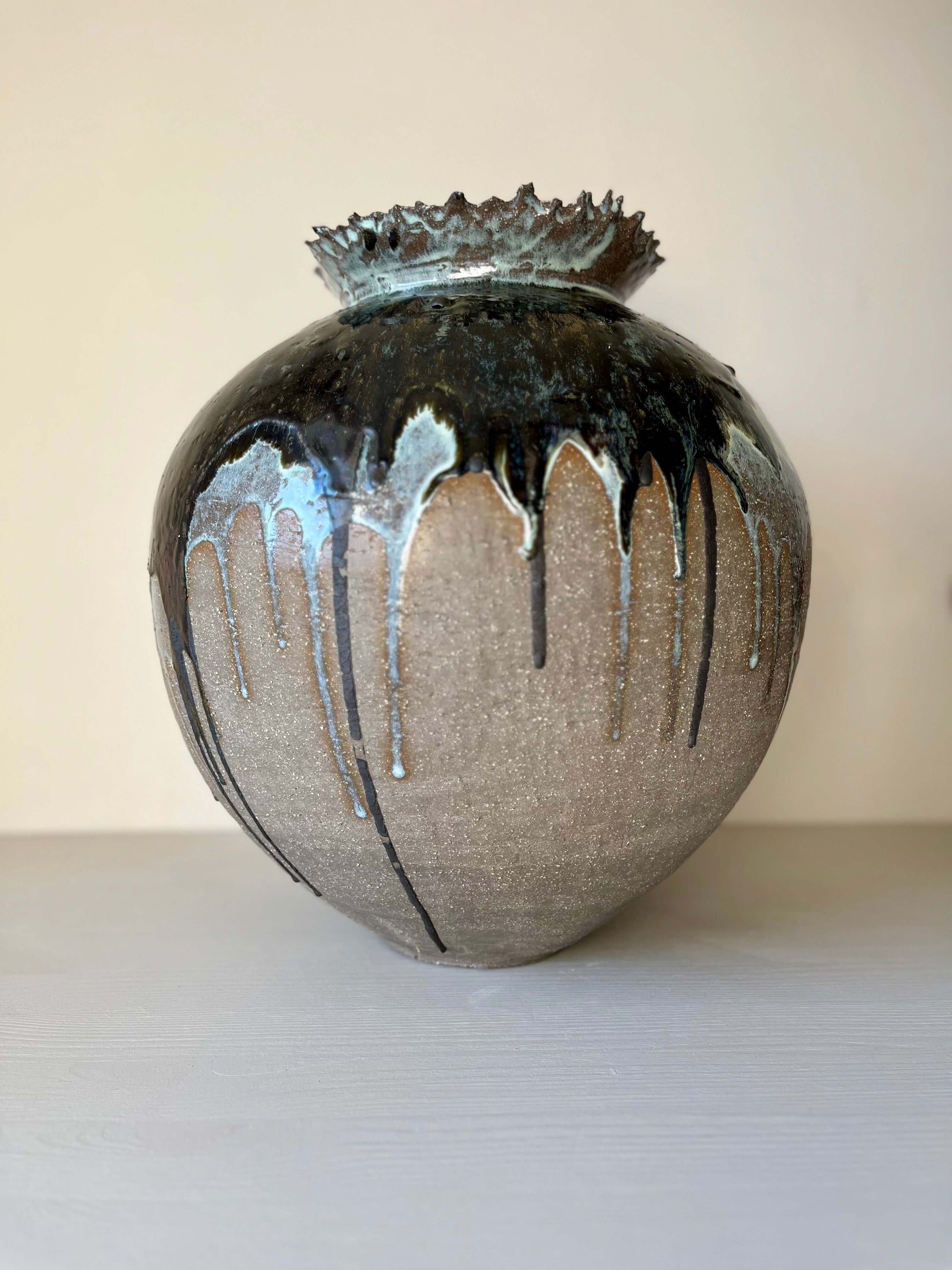 Extra Large Hand built Vase, handmade ceramic with unique glaze, handcrafted design, 36cm height, 34cm diameter, artisanal craftsmanship.