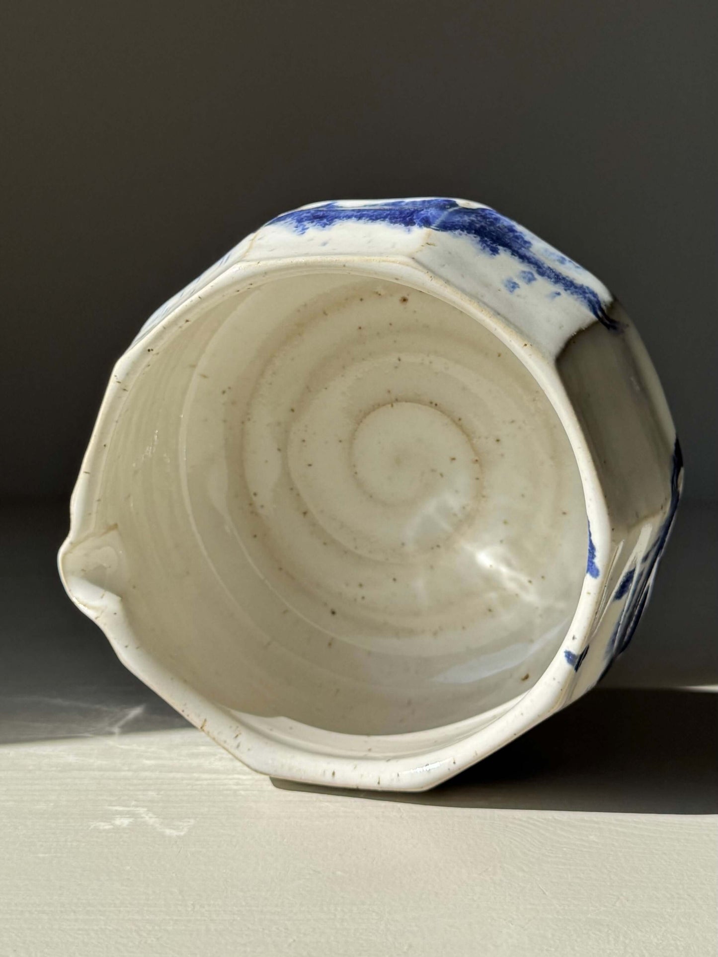 Handmade ceramic Faceted Matcha Bowl with Spout – Cobalt Blue & Glossy White Glaze #07 with textured interior