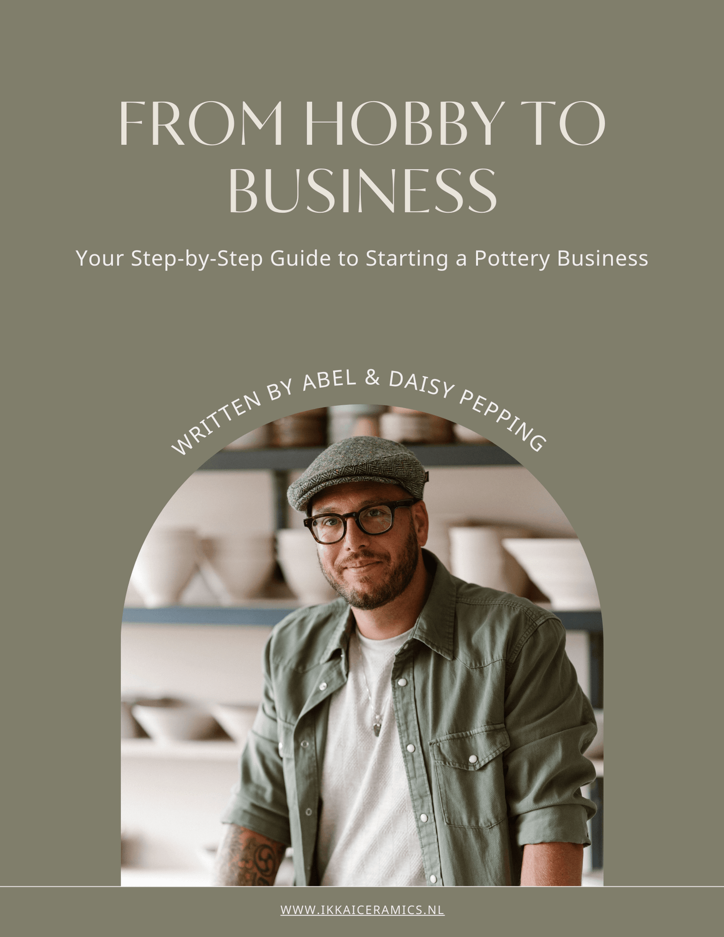 Guide to starting a pottery business cover page with author smiling in pottery studio.